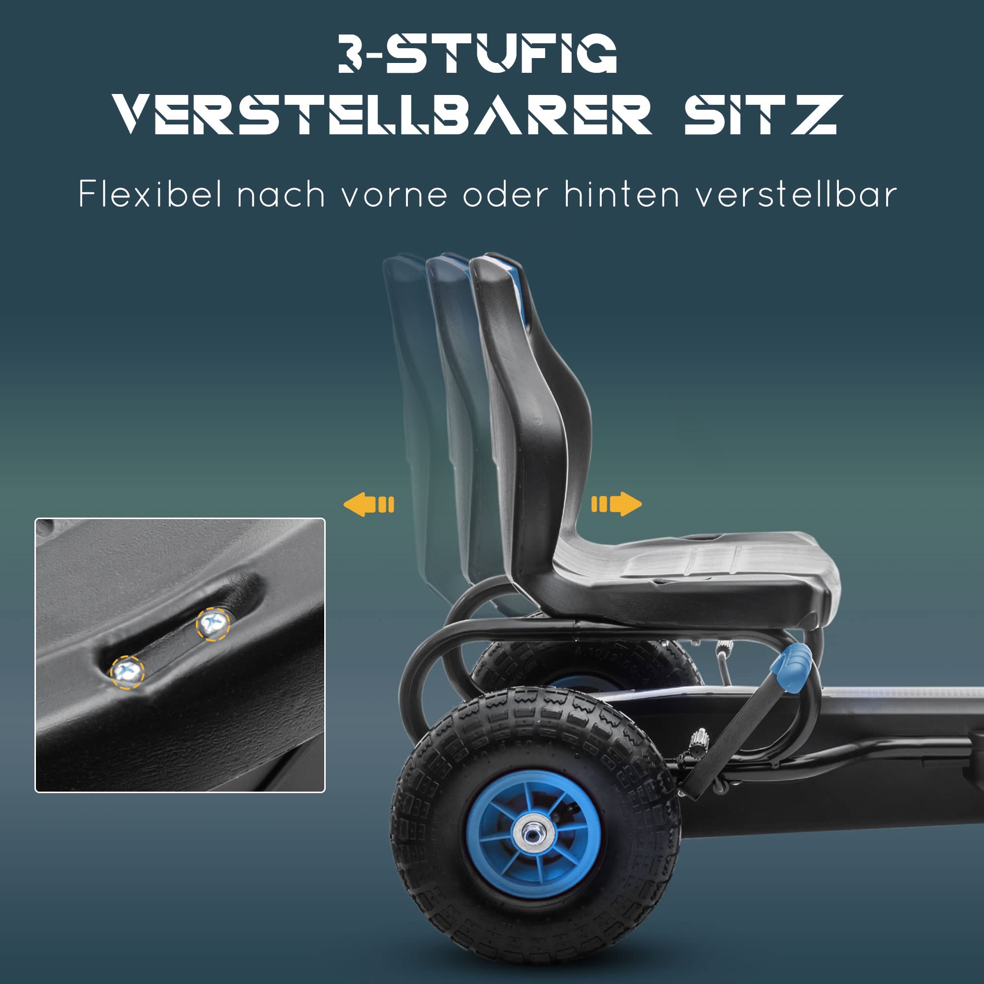 HOMCOM Gokart, Kinderfahrzeug mit 3-stufigen verstellbarem Sitz, Tretfahrzeug mit Gummireifen, Pedal und Handbremse, Kettcar für 5-12 Jahre Kinder bis 50 kg, Outdoor, Blau