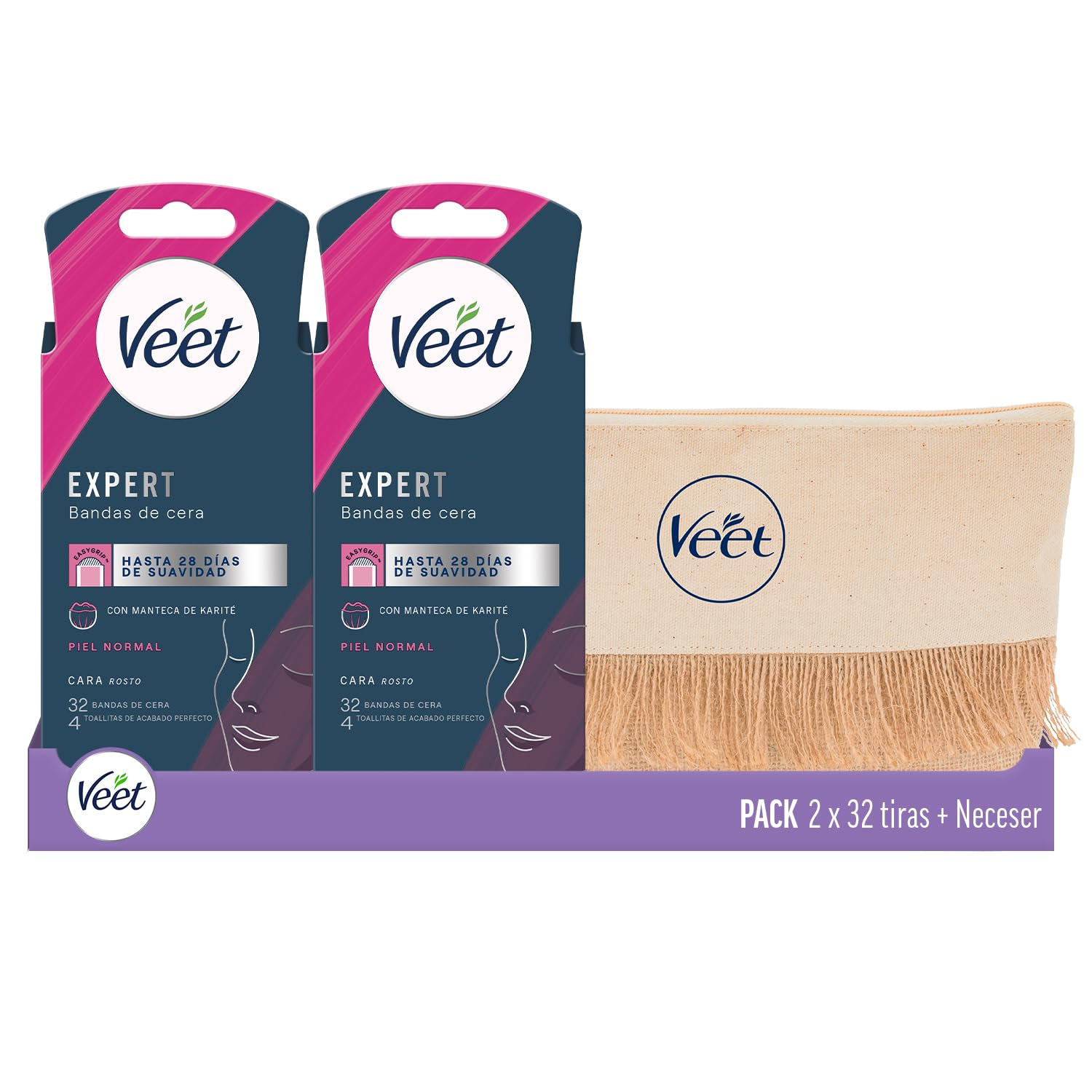 Veet Expert Pack Bandas de Cera Fría Depilatoria para Depilación Facial, Adecuado para Labio Superior (Bigote), y para Cuerpo y Piernas, con Manteca de Karité, Pack 2 x 32 tiras