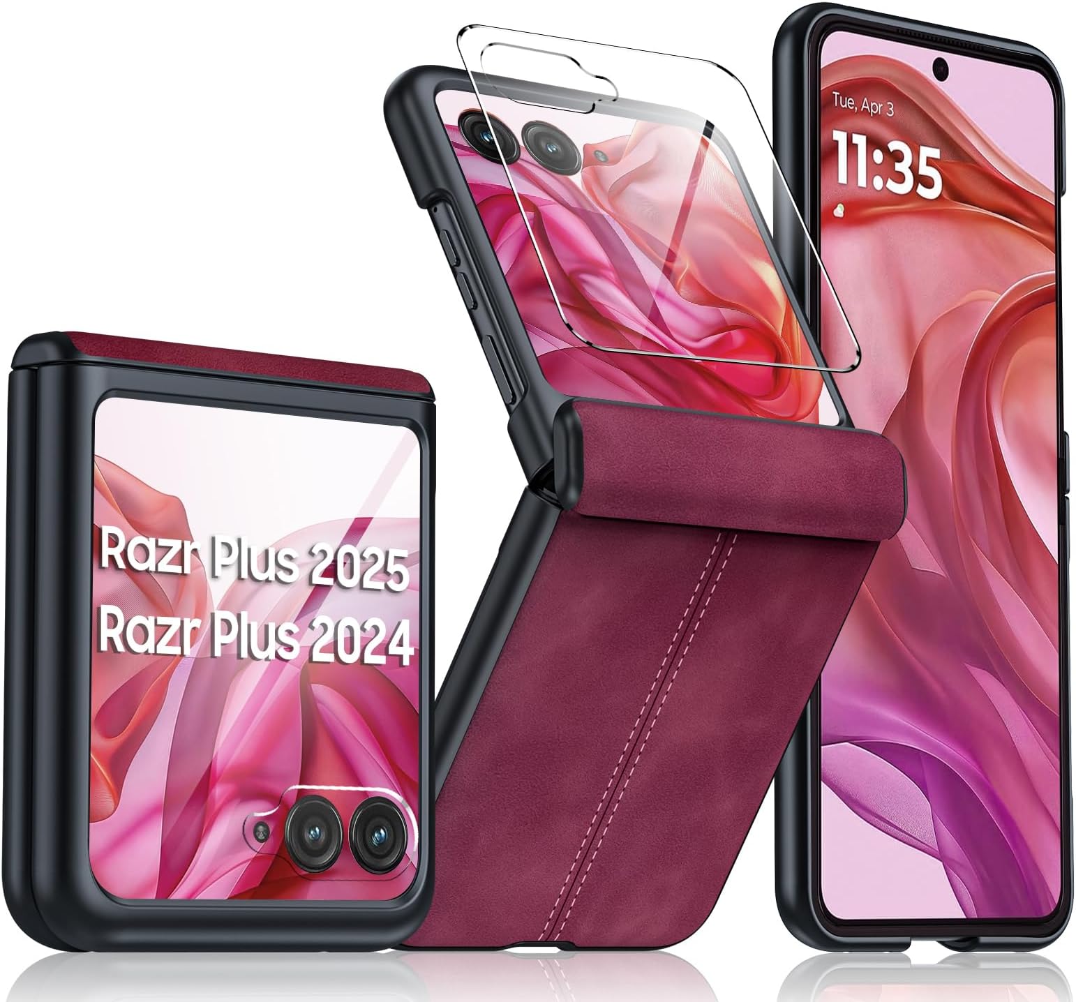 for Motorola razr+ Plus 2024 Case/Razr+ Plus 2025 Case Built-in Screen Protector& Hinge Protection & Ultra Thin PU Leather Matte PC Shockproof Phone Case for Moto Razr+ 2024/Razr+ 2025 (Red)