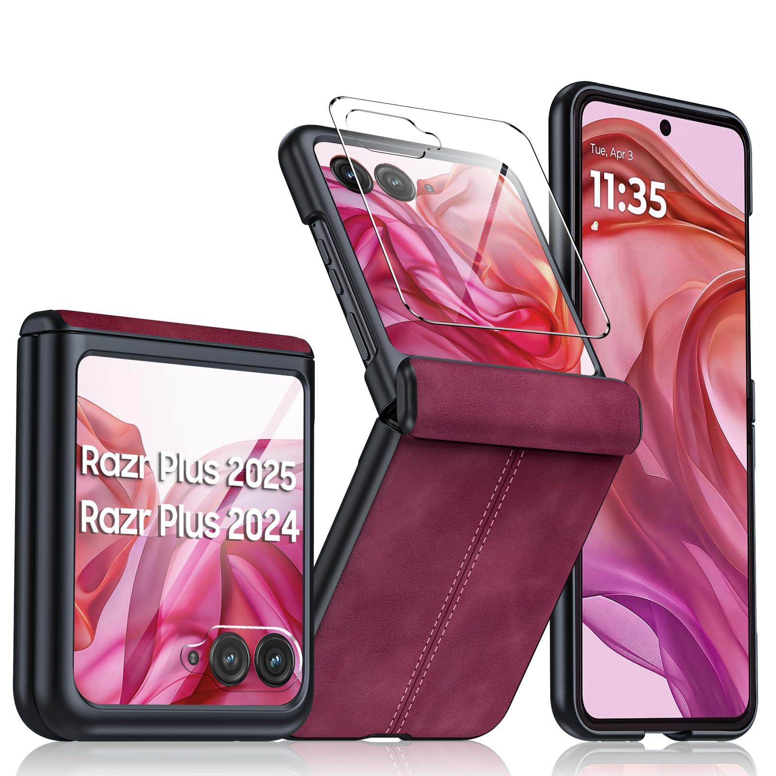 for Motorola razr+ Plus 2024 Case/Razr+ Plus 2025 Case Built-in Screen Protector& Hinge Protection & Ultra Thin PU Leather Matte PC Shockproof Phone Case for Moto Razr+ 2024/Razr+ 2025 (Red)