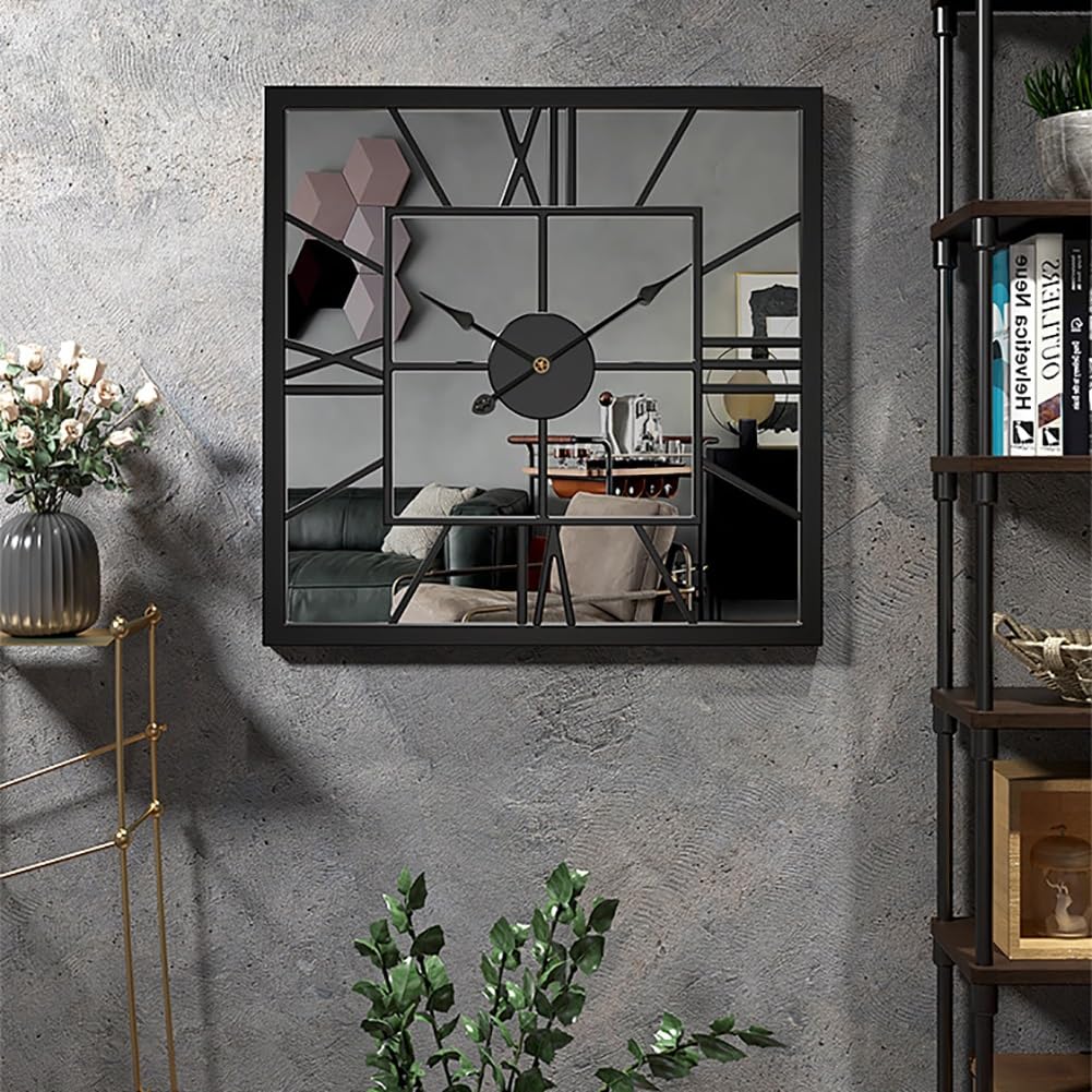JYBBST Decorative Wall Clocks, Vintage Black Mirror Large Iron Wall Clock,Modern Mirrored Wall Clock For Living Room Decor For Kitchen Farmhouse Living Room Wall Mounted Decor(23.6in)
