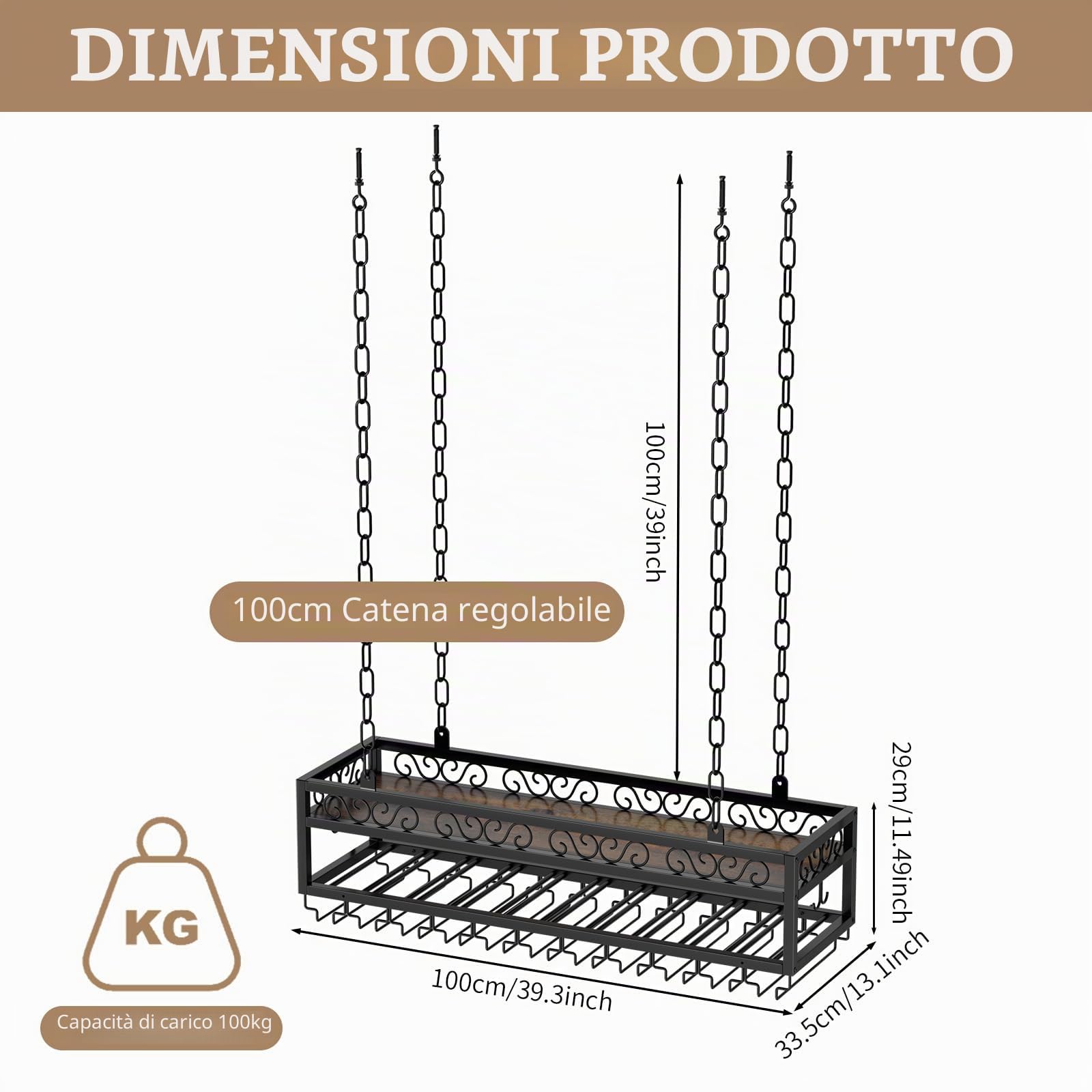 Scaffale da soffitto per vino, regolabile, in stile industriale, regolabile, per bar, ristoranti, cucine, caffetteria
