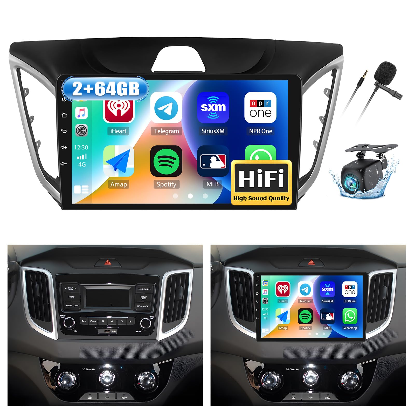 Car Radio Stereo for Hyundai Creta IX25 2015-2019,2+64G Android 13 Wireless Carplay Android Auto,9 Inch Touchscreen Car Radio GPS WiFi Bluetooth FM/RDS EQ SWC Dual USB/AUX-in Backup Camera