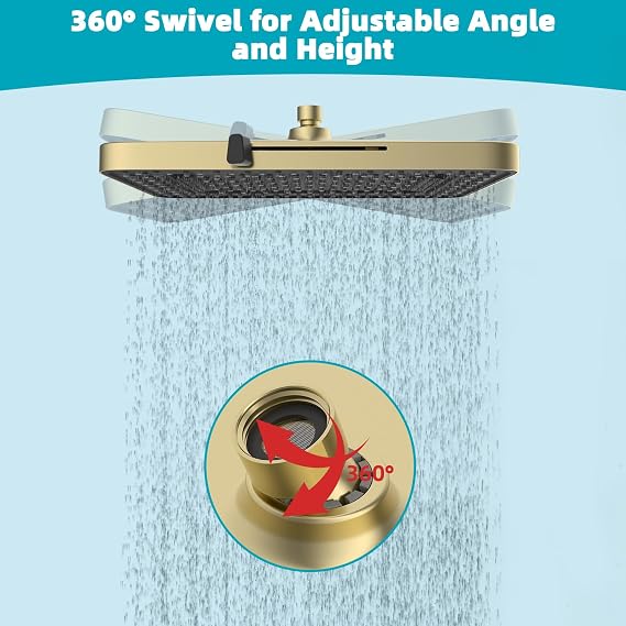 Hibbent 5 Spray Modes Shower Head, 13'' High Pressure Rain Shower Head, Large Rainfall Showerhead for Bathroom, High Flow Waterfall Fixed Showerheads with Adjustable Swivel Ball Joint, Brushed Gold