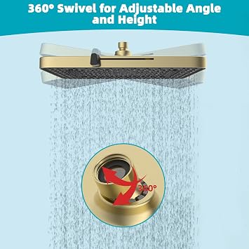 Hibbent 5 Spray Modes Shower Head, 13'' High Pressure Rain Shower Head, Large Rainfall Showerhead for Bathroom, High Flow Waterfall Fixed Showerheads with Adjustable Swivel Ball Joint, Brushed Gold