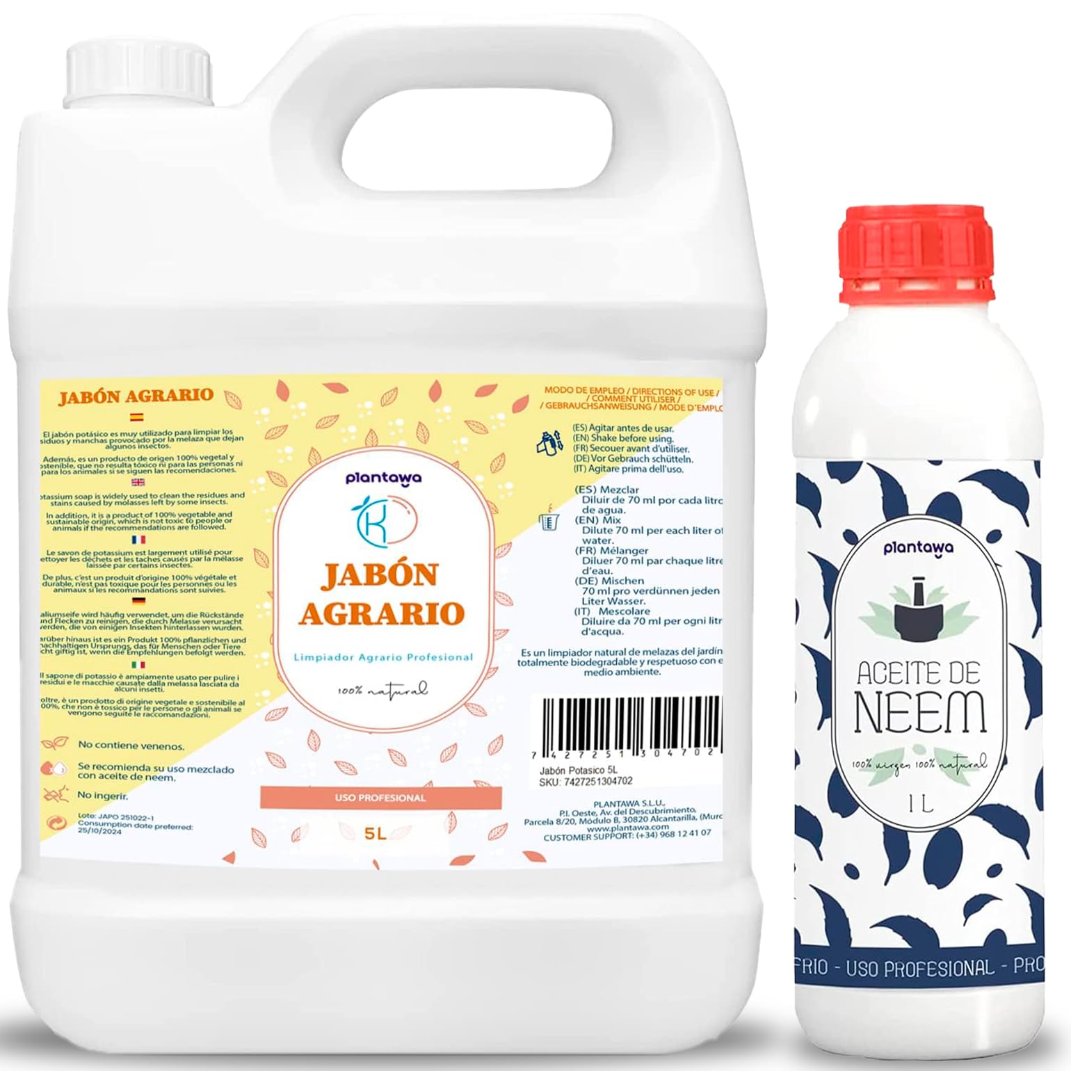 Pack Ahorro Jabón Potásico 5L + Aceite de Neem 1L, 100% Natural Protección Huerto, Sostenible, Alta Concentración, Mosca Blanca, Araña Roja, Pulgón, Cochinilla