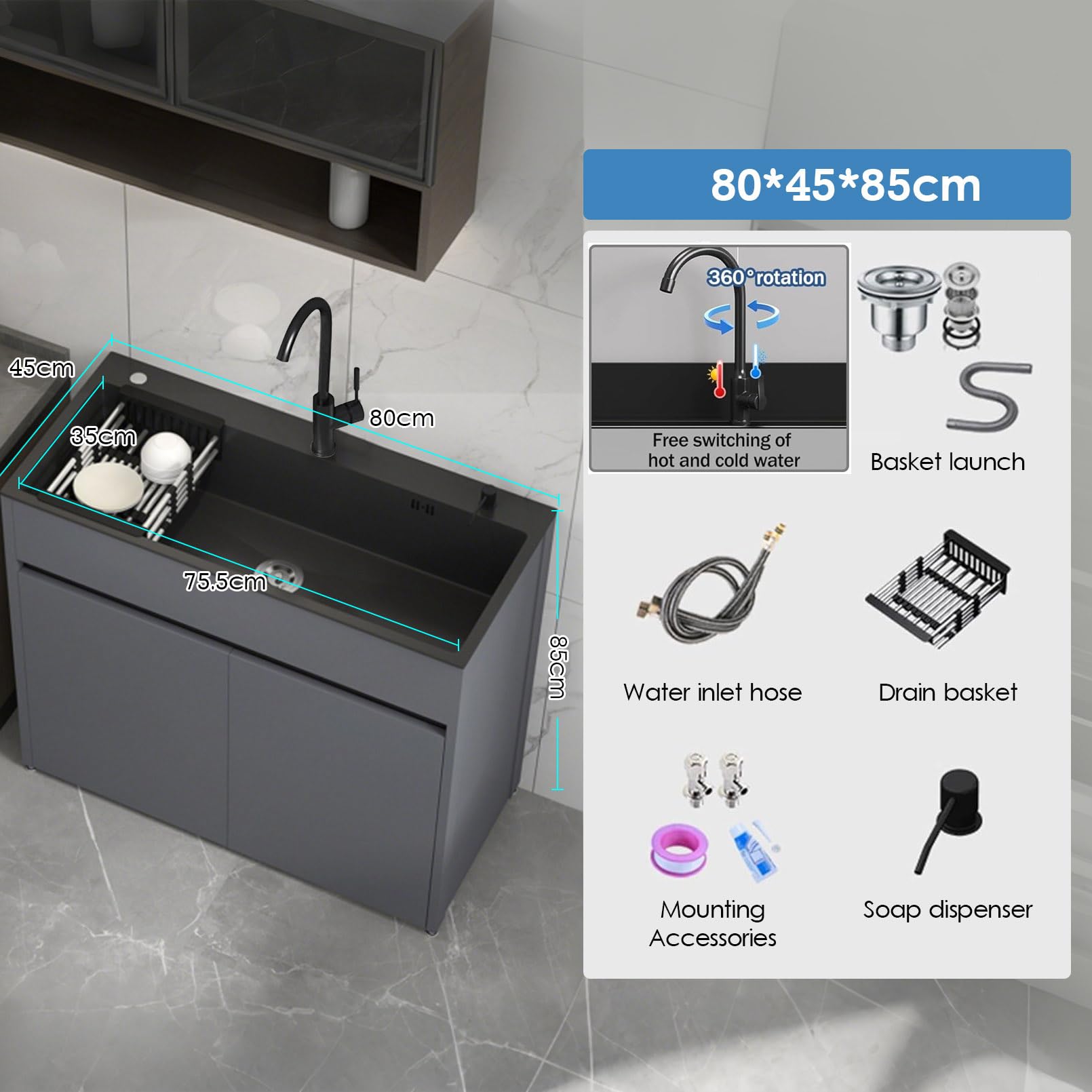Lavello Autoportante Esterno con Mobile Alluminio Nido d'Ape, Lavandino Acciaio Inox con Rubinetto Miscelatore e Dispenser Sapone, per Garage/Giardino, Grigio, 80x45x85 cm
