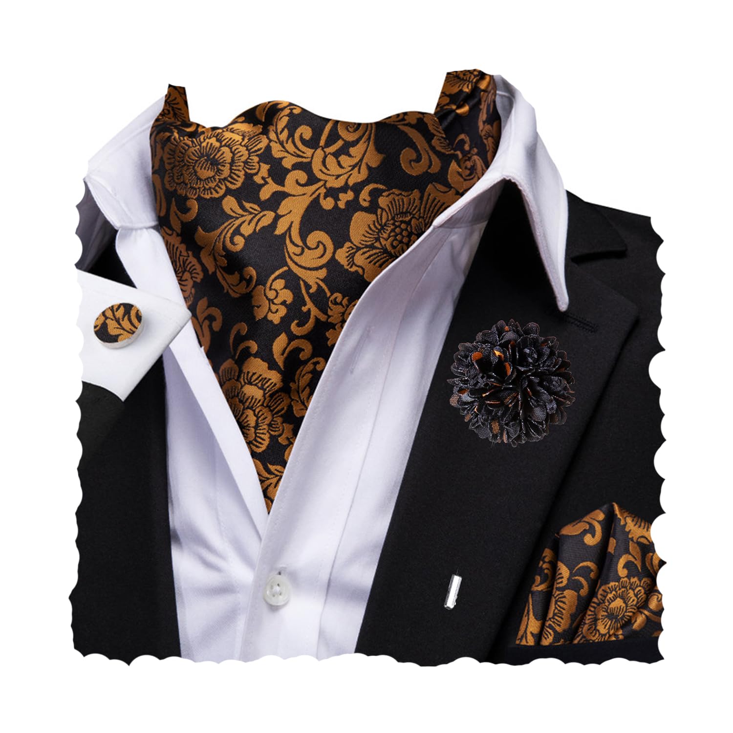 Hi-Tie Silk Ascot for Men Self Tie Men's Cravat and Flower Lapel Pin Handkerchief Cufflinks Set for Wedding Party
