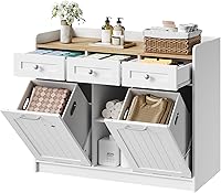 HOOBRO Laundry Hamper Cabinet with Dual Pull-Out Baskets & 3 Drawers, Farmhouse Freestanding Organizer for Bathroom, White Walnut WN41XY01