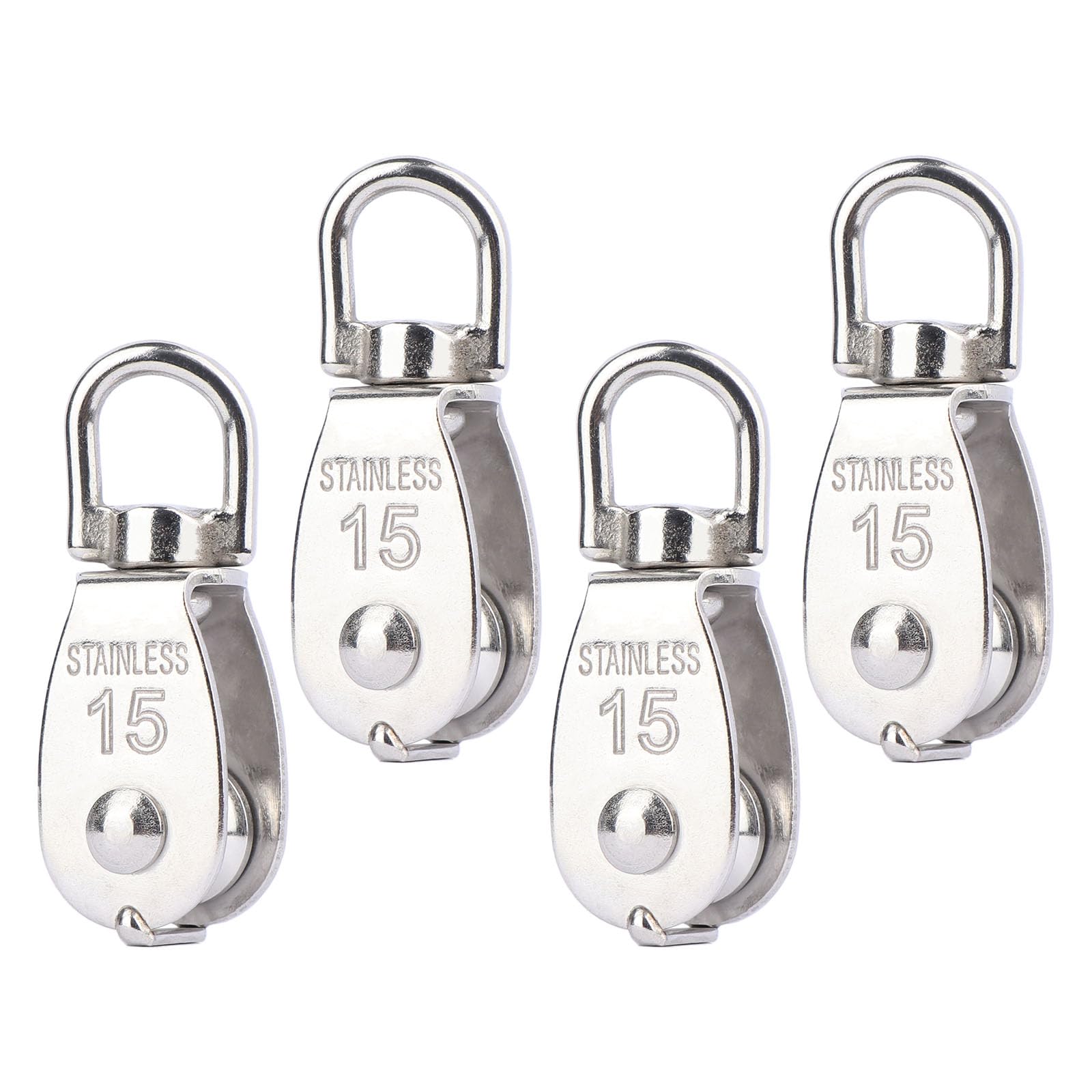 LordHardware 4PCS M15 Single Pulley Snatch Block 304 Stainless Steel Lifting Crane Swivel Hook, 1/4" Rope x 3/5" Sheave
