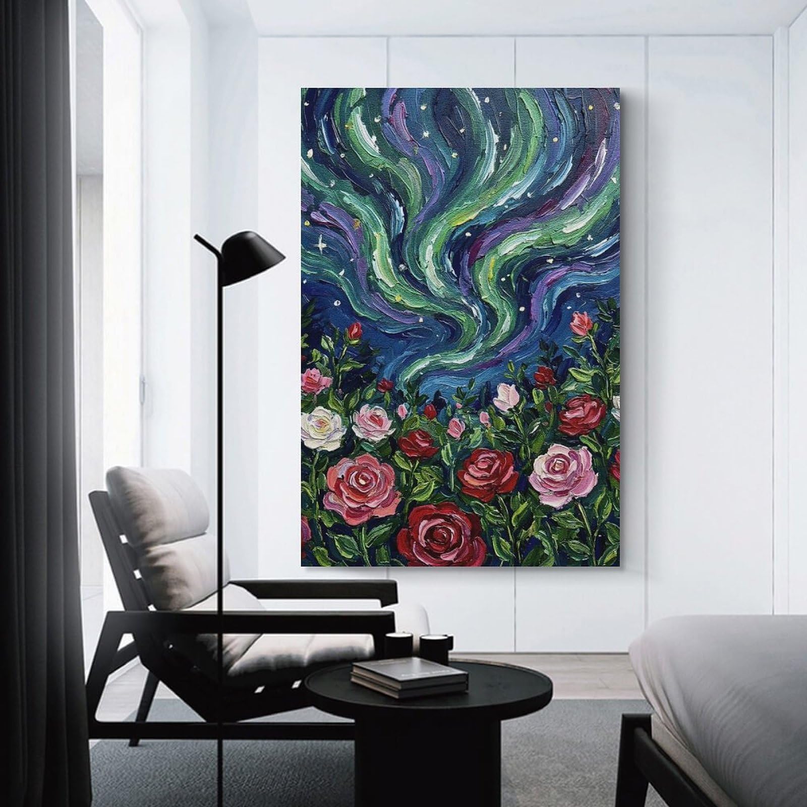 Junmoney Unframe-Style-13 Aurora Borealis Over Rose Garden Painting Wall Decor Canvas Print, 24X36inch(60X90cm), For Home Lounge, Bedroom Or Reading Nook, Decorative Artwork For Empty Walls