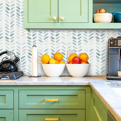 Miniatura 5 de Sevalo Papel tapiz verde y blanco para despegar y pegar, papel tapiz bohemio de 17.3 pulgadas de ancho y 197 pulgadas de largo, papel de contacto