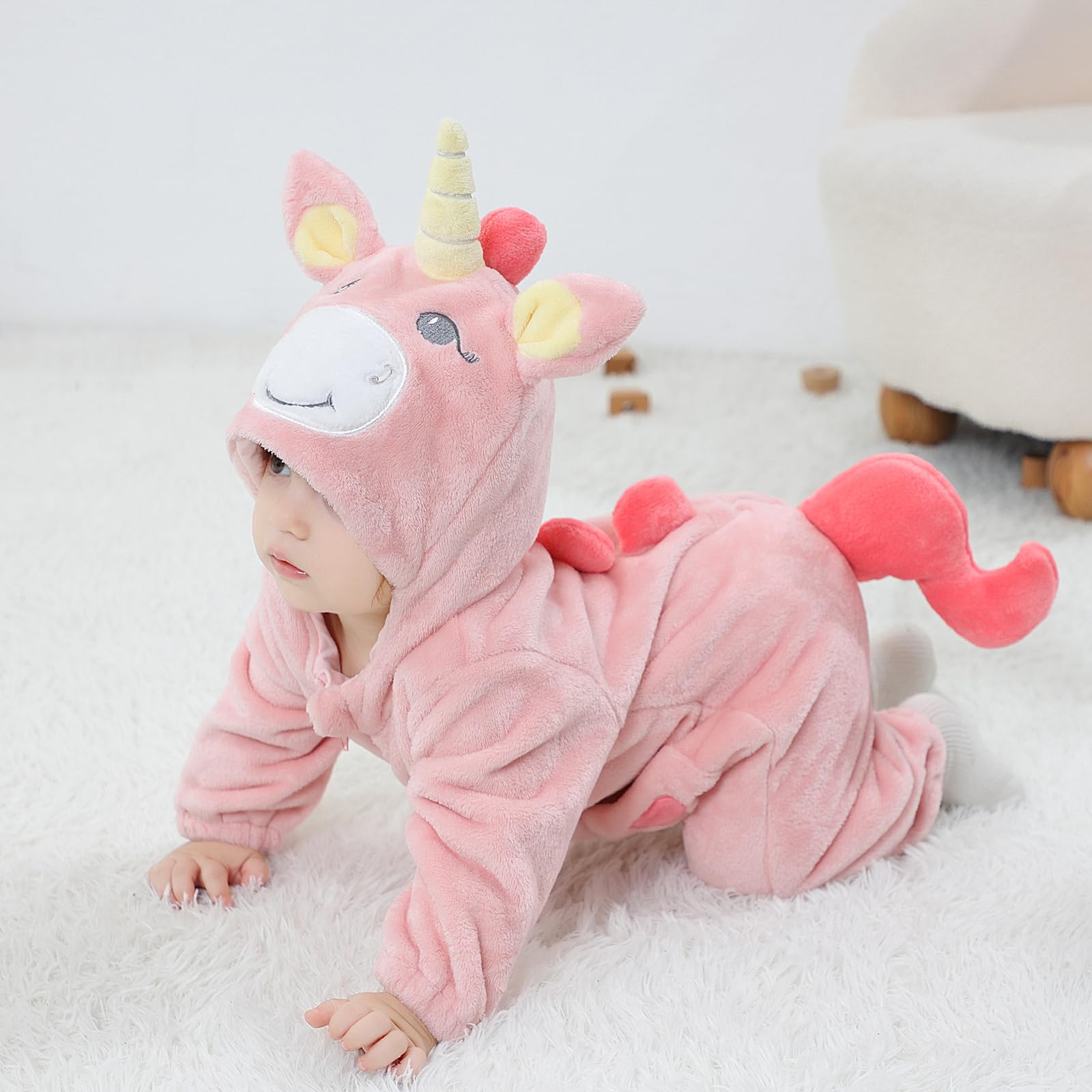 LOLANTA Unisex Baby Regenbogen Einhorn Dinosaurier Drachen Kostüm, Kleinkind Plüsch Einteiler mit Kapuze Tier Strampler