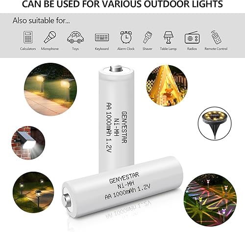 Miniatura 4 de Baterías recargables AA NIMH - Luz solar de 1.2 V, doble A, 1000 mAh, repuesto para luz solar, dispositivos domésticos, cadena de luces, paquete de