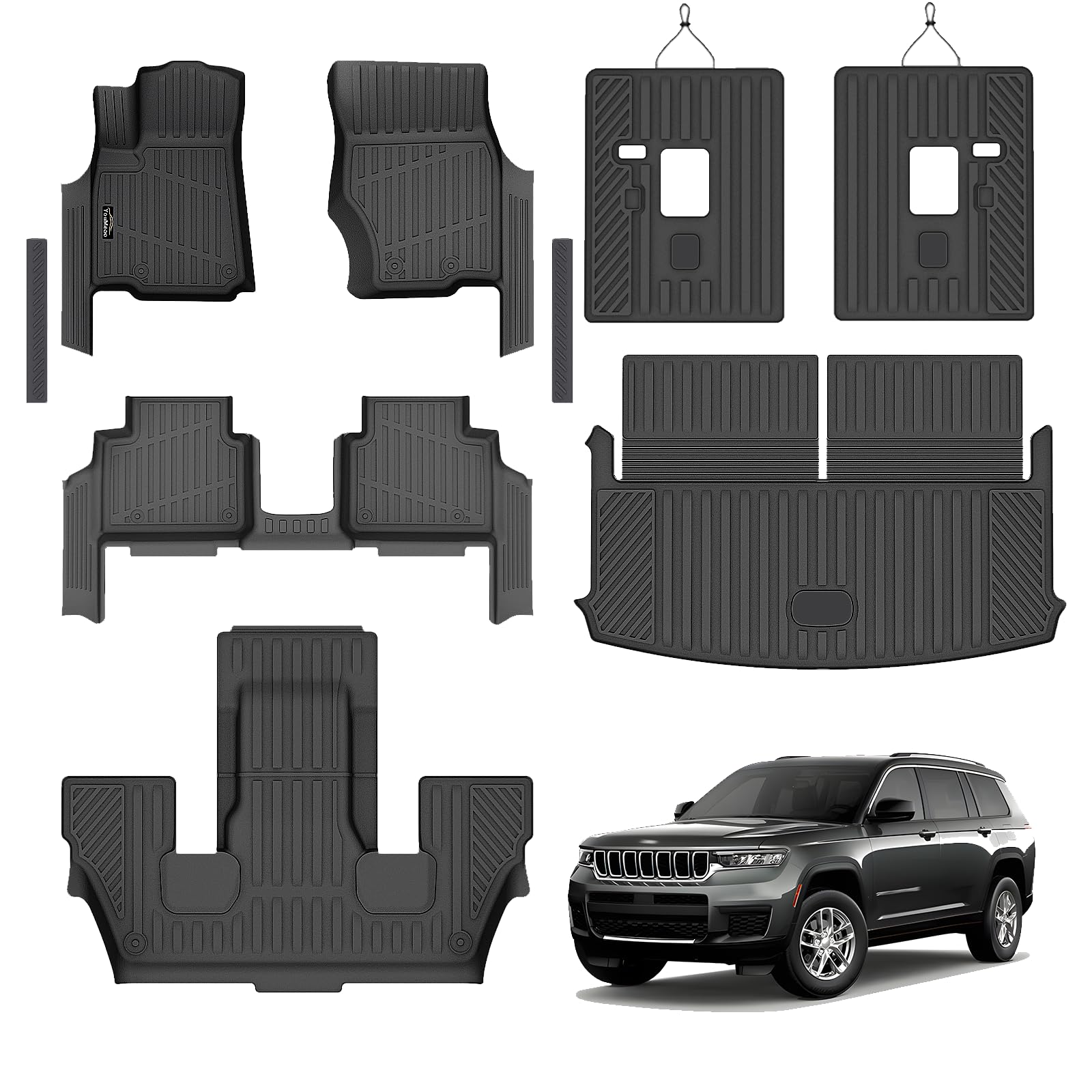 Floor Mats Custom for Jeep Grand Cherokee L 2021-2025 Captain Chair(Only for 6-Seater w/o 2nd Row Armrest) TPE All Weather Cargo Liner with Backrest Mat & Door Sill Guards Accessories, Black