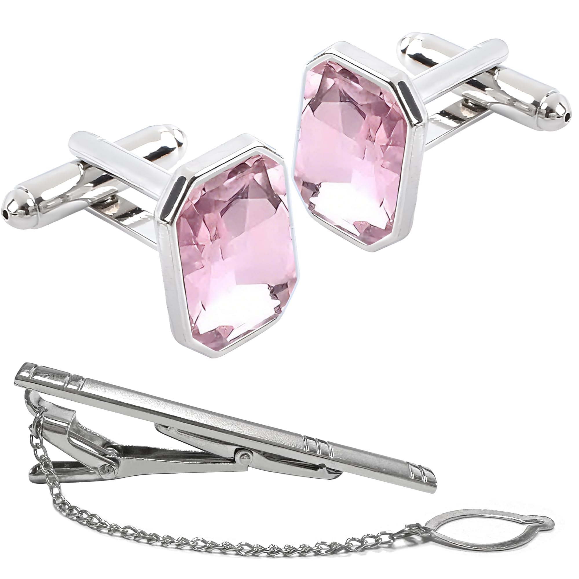Cufflinks Set for Men, Diamond French Cufflinks with Chain, Pink Crystal Cufflinks, Formal Wear Accessories, The pin and the clip with Attached Chain-image-20