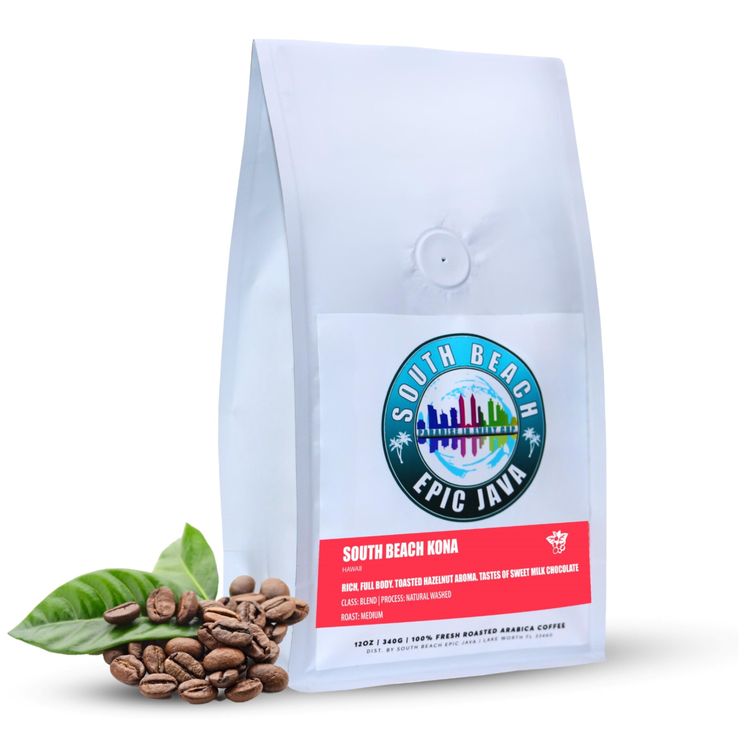 South Beach Epic Java Kona Premium Gourmet Medium Roast | Whole Bean 100% Hawaiian Coffee 100% Arabica | Ethically Sourced | 12 oz Exotic & Vibrant Flavor Ready to Grind