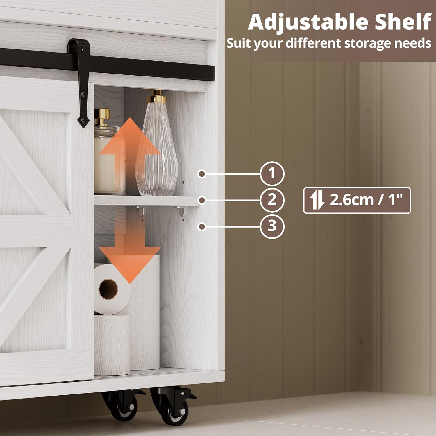 IRONCK Toilet Paper Cabinet, Slim Bathroom Cabinet with 4 Rolling Wheels, Farmhouse Slim Storage Cart with Paper Holes, Sliding Doors and Adjustable Shelf for Small Space, White/Walnut