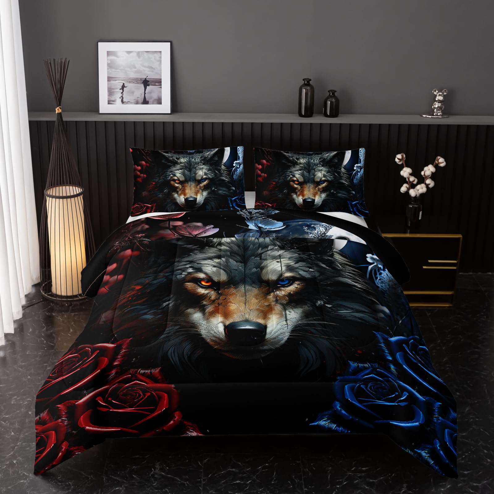Wolf Bedding Set Twin Size,Blue and Red Roses Comforter Set 3 Piece for Girls Boys Kids Teens,Wildlife Bed in a Bag Sets 3D Wild Animal Print Bedding Set Comforter with 2 Pillowcase