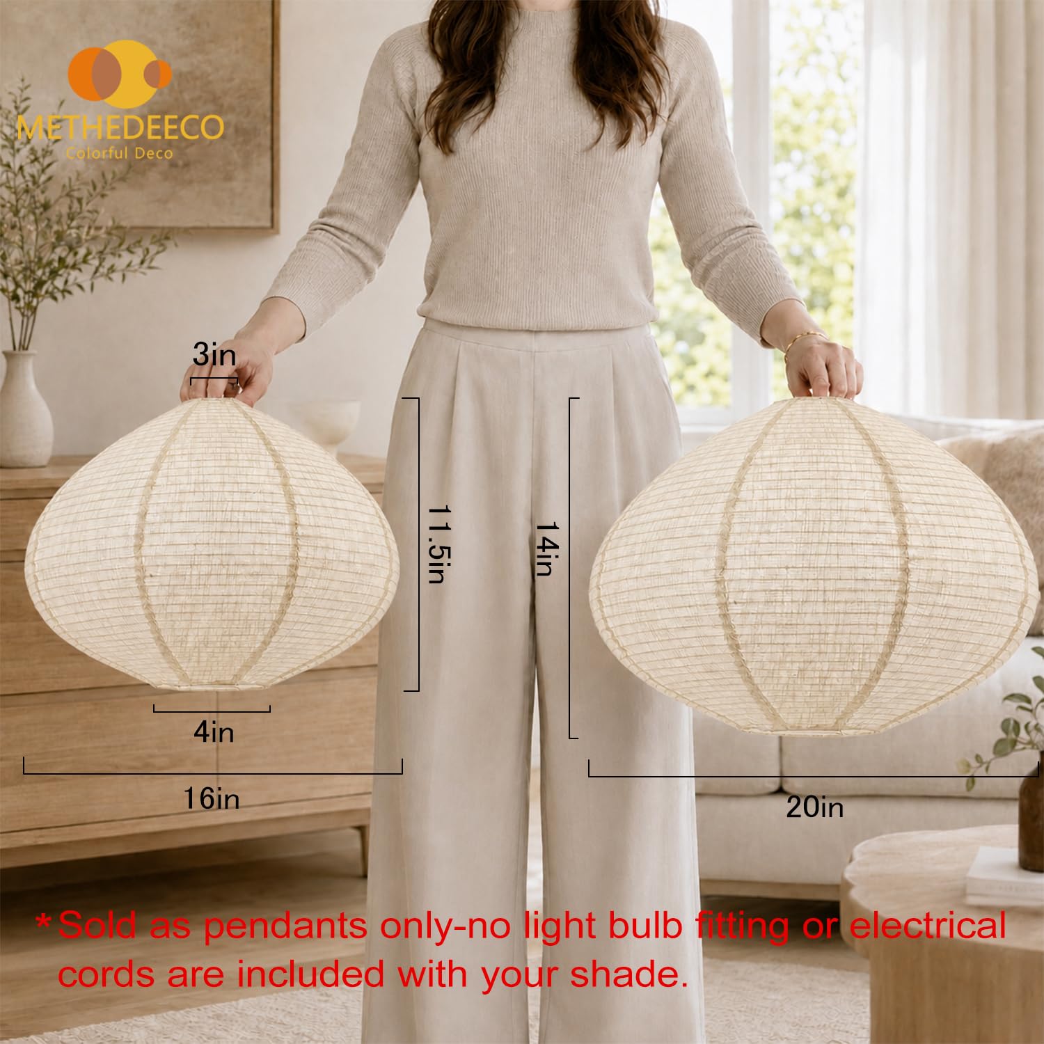METHEDEECO Oval Hanging Lamp Shade, 16 Inch, White with Beige