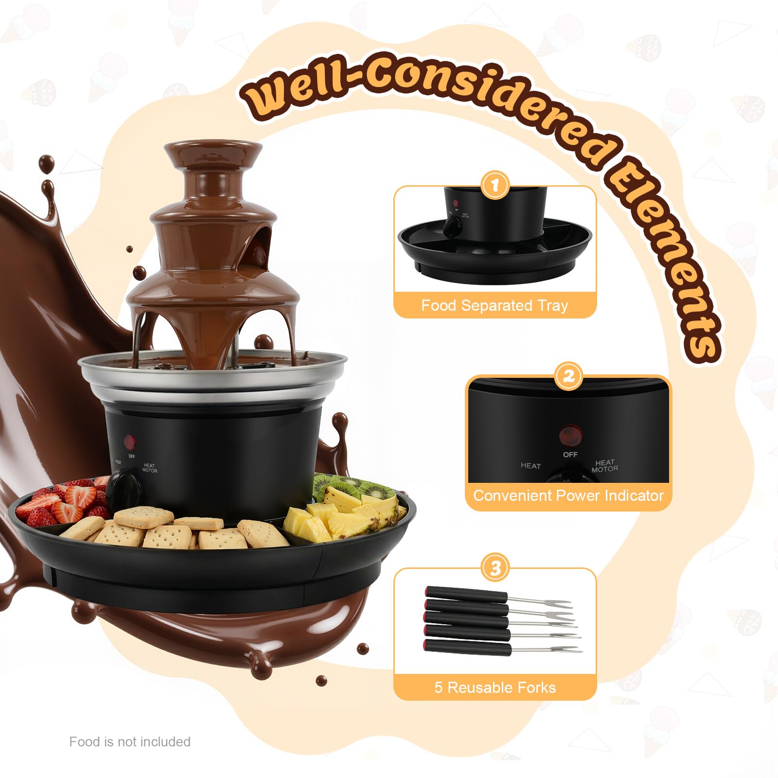Fontana di Cioccolato Elettrico, Macchina per Fonduta Cascata 3 Livelli, Inox 430, Riscaldamento Continuo Capacità 0,45 kg, Ideale Frutta Marshmallow Biscotti, Serata Compleanno Matrimonio, 26 x 27 cm