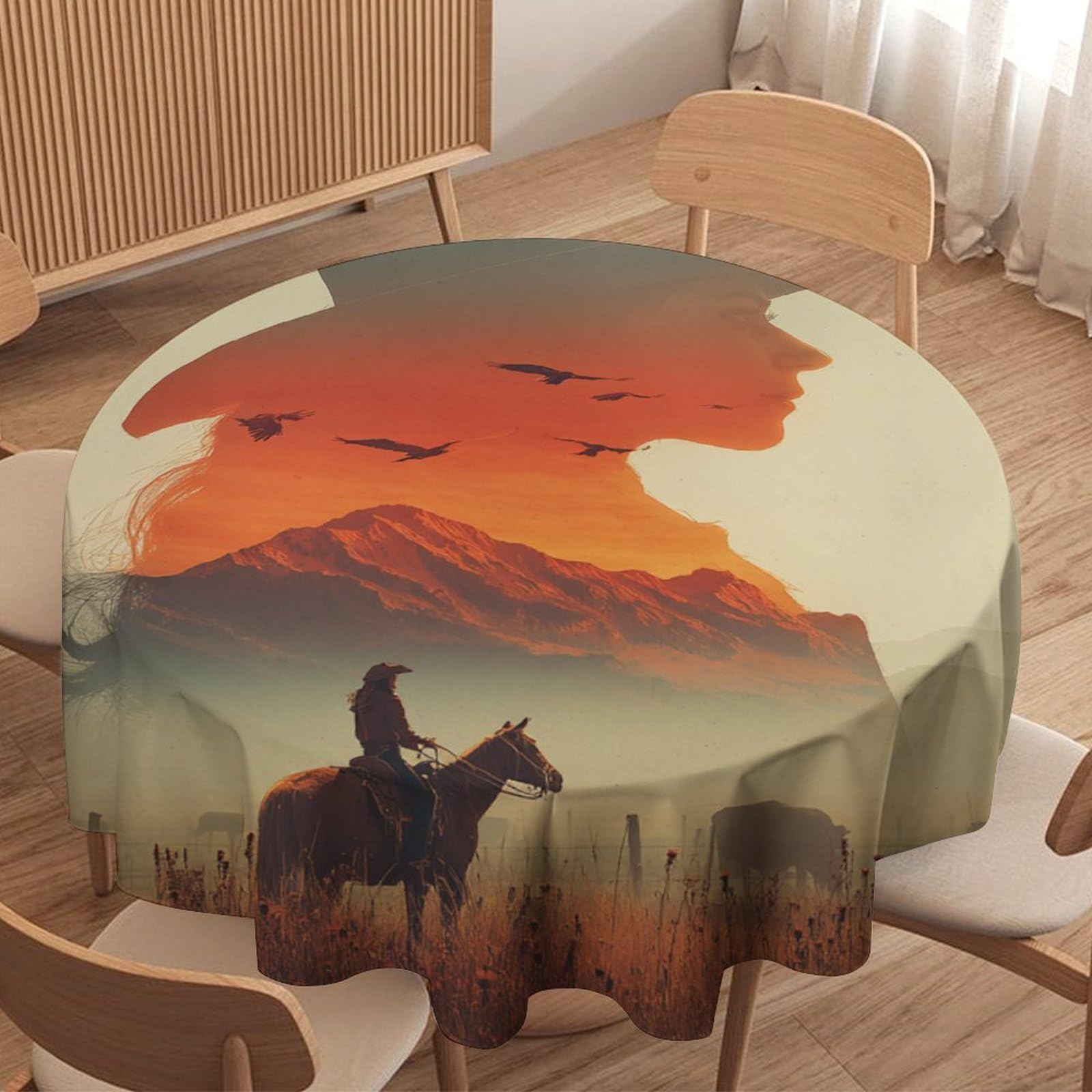 LUYYSKY Vintage Modern Cowgirl Silhouette Round Tablecloth Classic Western Sunset Cowboy Theme Animal Horse Bird Washable Decor for Table Cover for Kitchen-127 Wx127 L cm