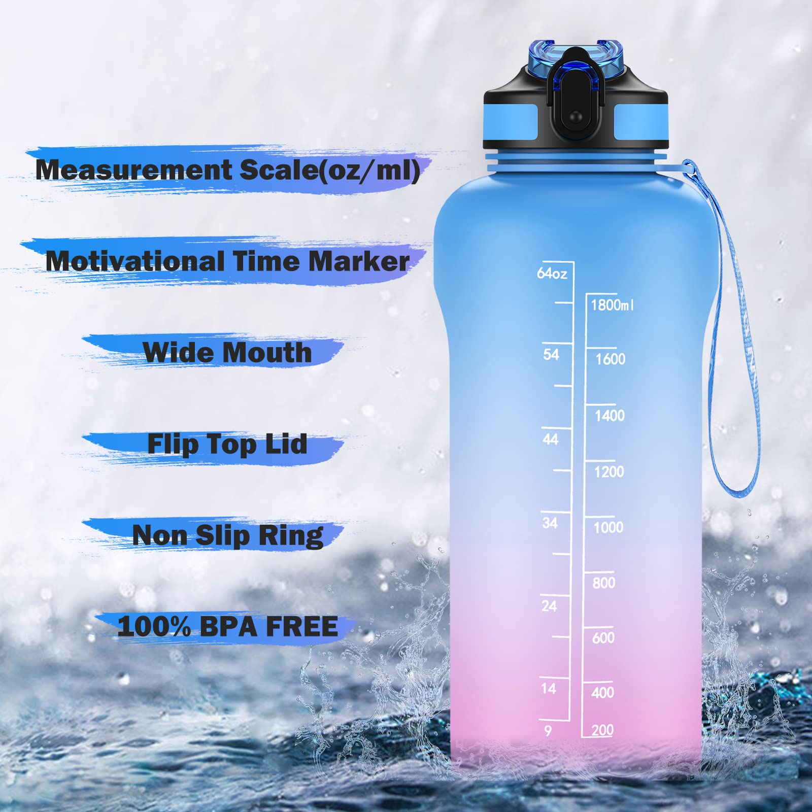 ETDW Borraccia Sportiva 2 Litro con Cannuccia [Senza BPA Tritan], 2000ml Borraccia Sportiva con Marcatori di Tempo, Bottiglia Acqua a Prova di Perdita per Palestra, Campeggio BLU ROSA