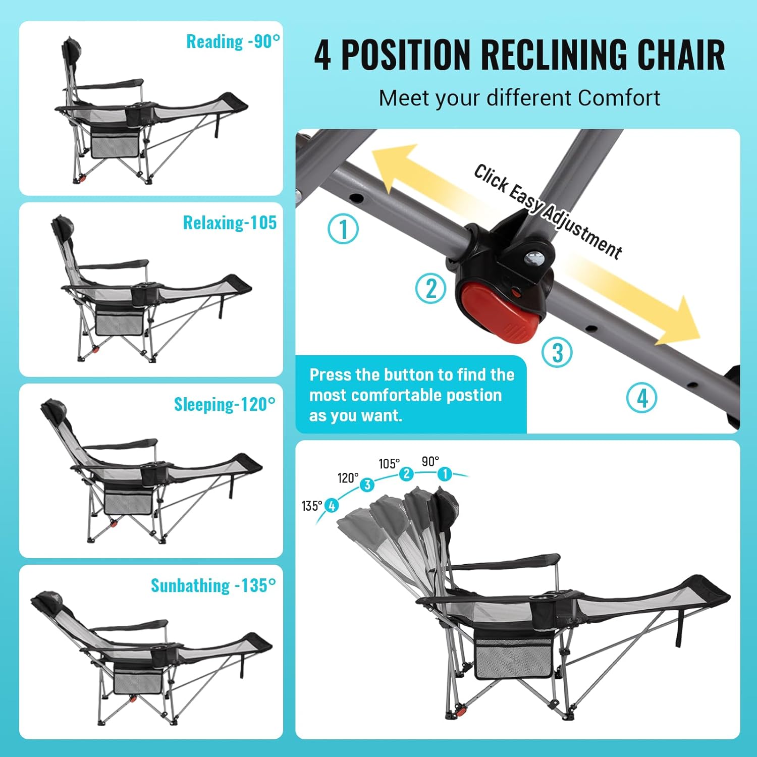#WEJOY 2-in-1 Reclining Camping Chair with Footrest for Adults Folding Lounge Chair with Adjustable Backrest Lightweight Camping Chairs Heavy Duty Camp Chairs for Outdoor