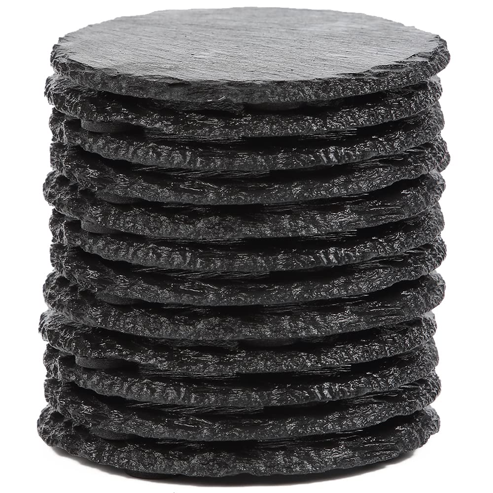 ACKEIVTO 9-Pack Drink Slate Coaster Set with Holder - Handmade Round Slate Stone Coaster for Bar Kitchen Home Decor, Black, 3.8 Inches in Diameter