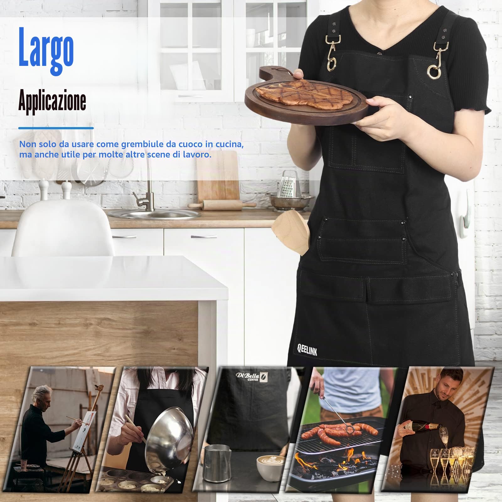 QeeLink Grembiule Cucina Uomo e Donna per Cuoco Ristorante e Griglia con 10 Tasche, Grembiule Barbecue Impermeabile con Cinturino Incrociato sul Retro, Regolabile da M a XXXL