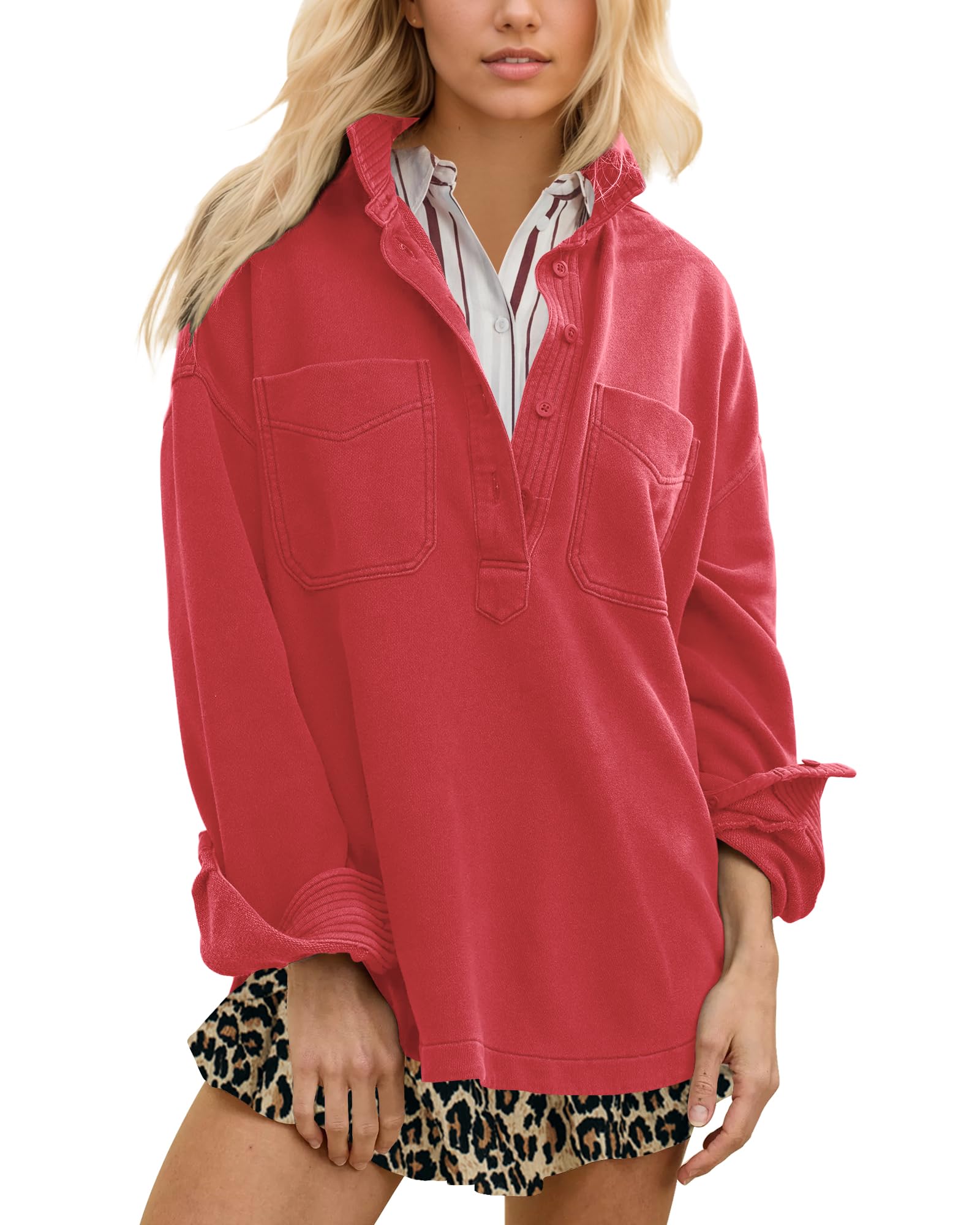 Locachy Womens Casual Oversized Polo Neck Sweatshirt Lapel Long Sleeve Button Pullover Tops Fashion Outfits Clothes