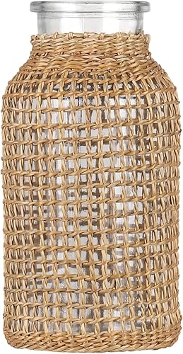 WHJY Jarrón de cristal bohemio, jarrón de ratán, decoración de ratán de granja, jarrón redondo para arreglos florales de 6.3 pulgadas