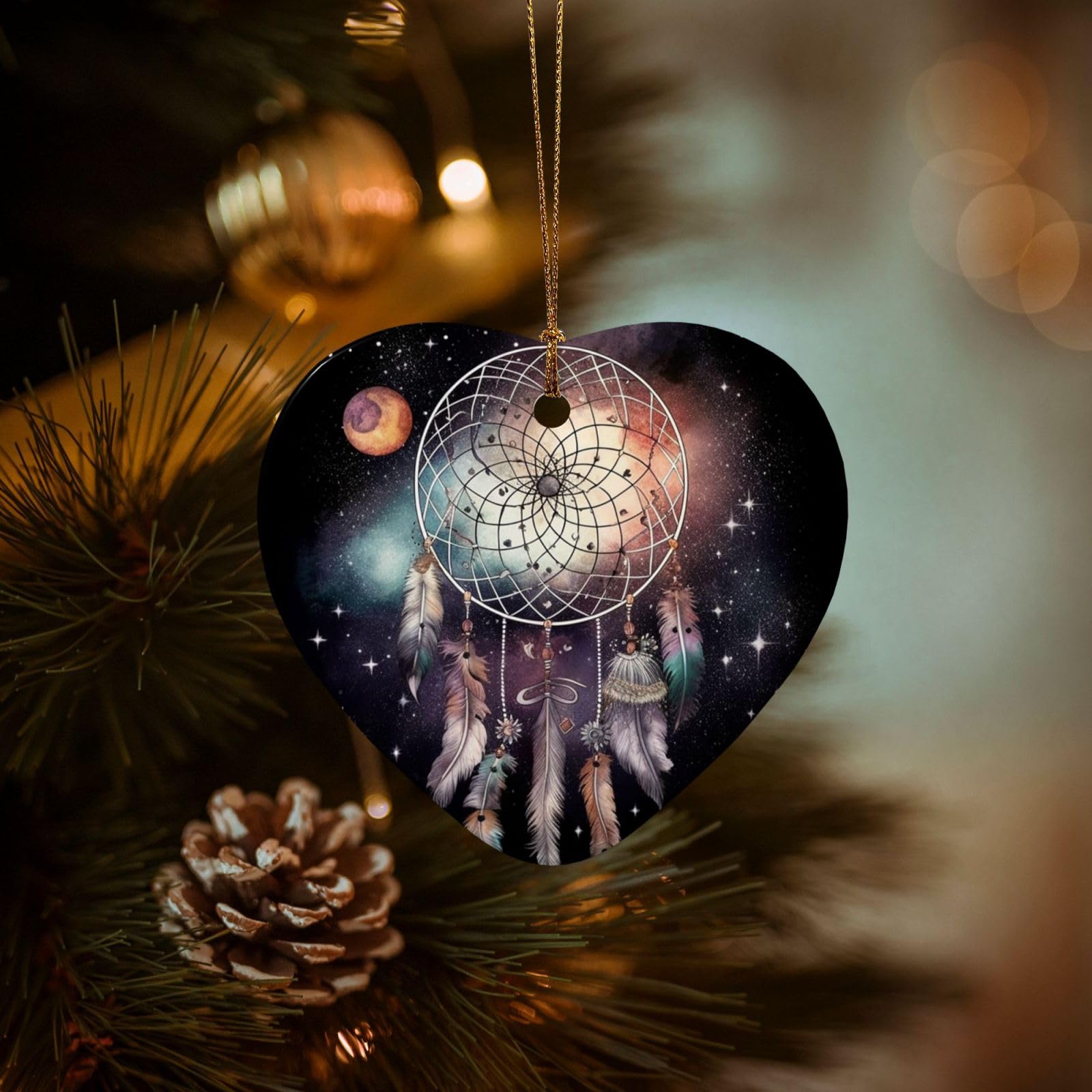 Christmas Tree Ornaments Ceramics Christmas Decorations Dream Catcher and Stars Ornaments with Gold Ribbon Porcelain Xmas Tree Crafts Heart Shape Hanging Pendant for Christmas Tree Party Decor