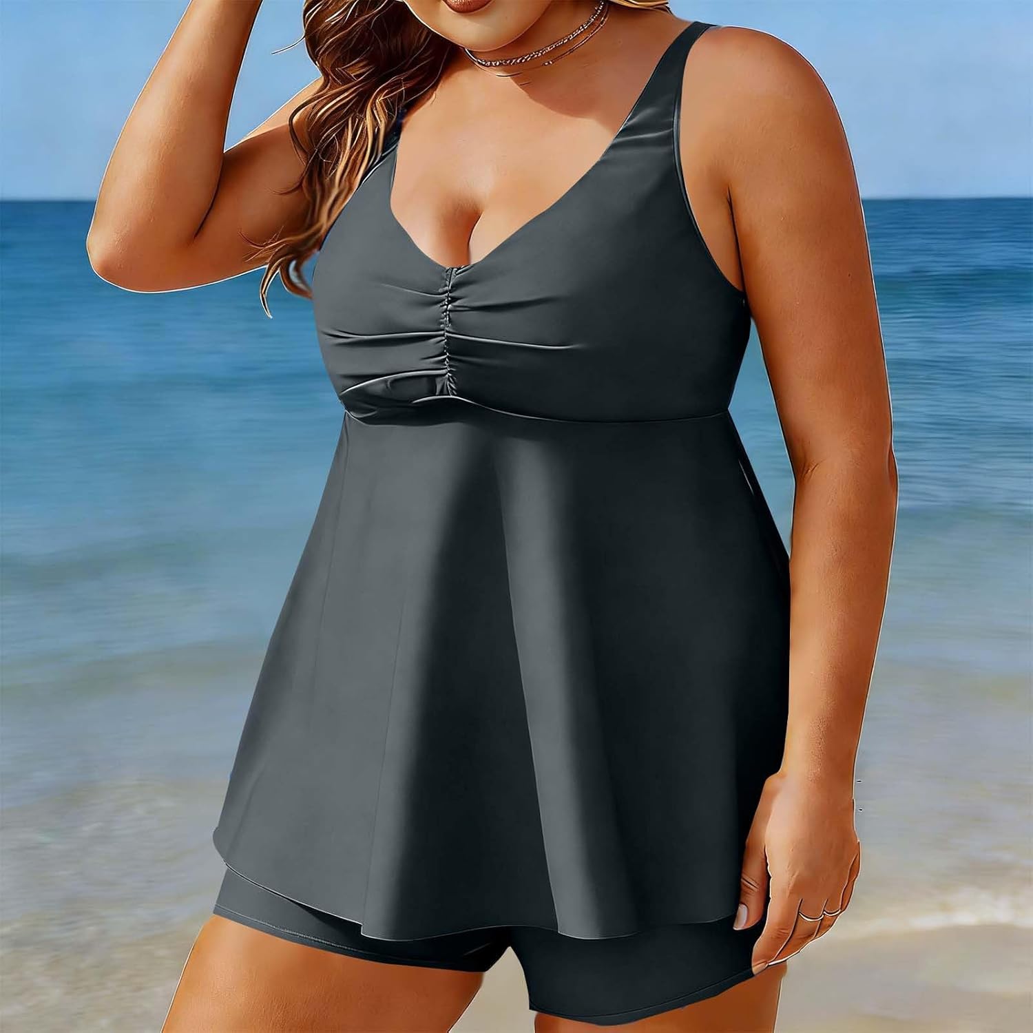 HGps8w Women's Plus Size Tankini Swimsuits Ruched Swim Top with Boyshorts Bottom Padded Two Piece Bathing Suit