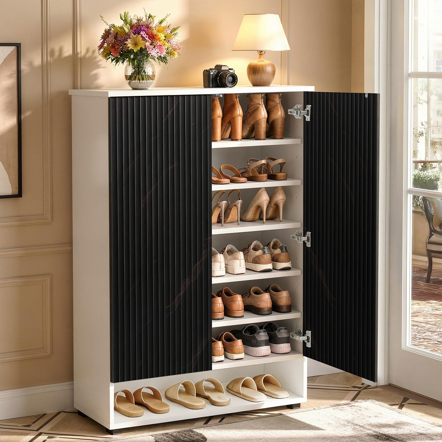 ABOUT SPACE Shoe Cabinet - 7 Tier Shoe Rack with Door & Open Bottom Storage|Press Open 2 Door Engineered Wood Shoes Stand for Home | Smooth Non-Fluted-Effect Adjustable Shelf 21-25 Pair |White & Black-image-1