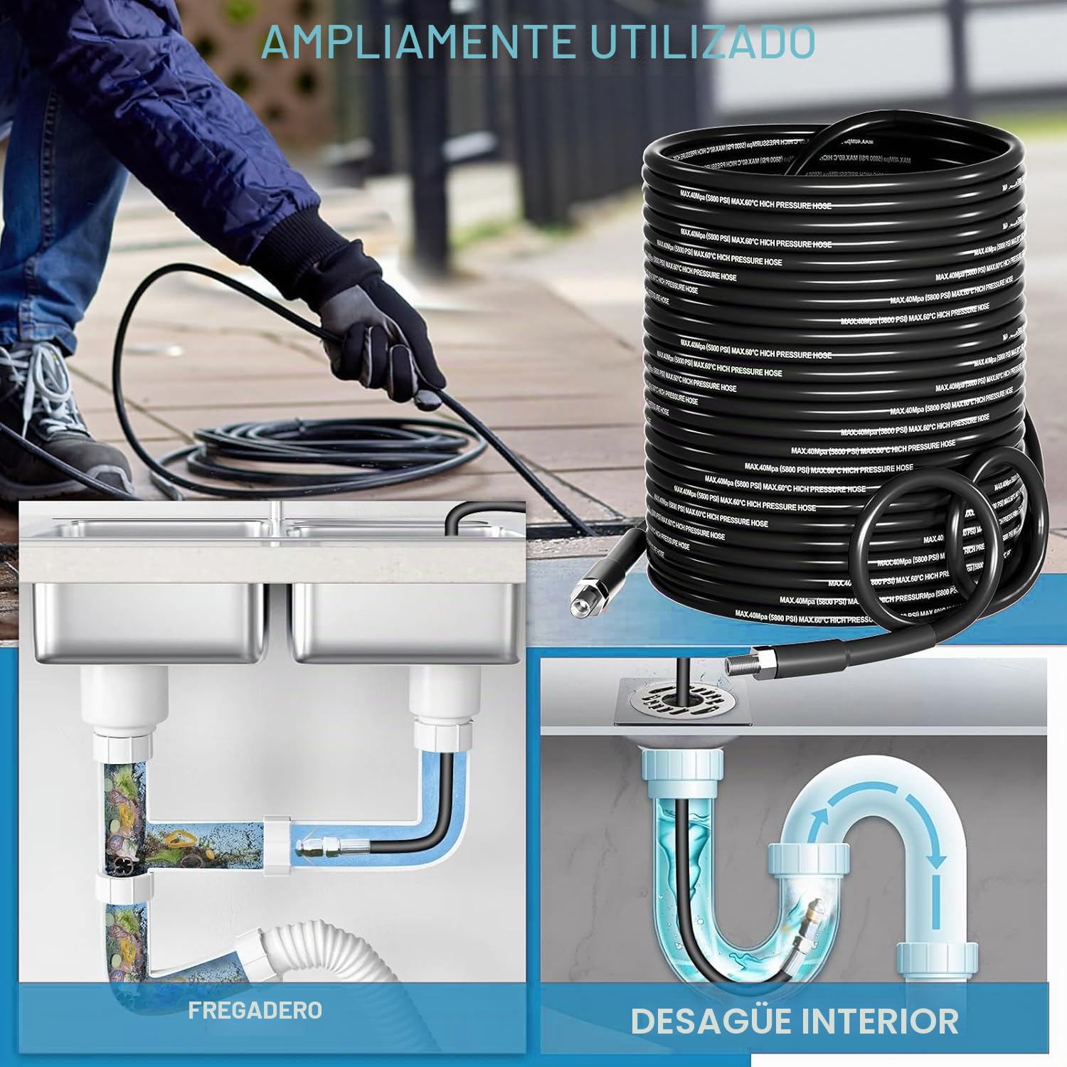 Kit Limpieza Canalones Karcher 10M – Compatible con K2-K7, Bosch, 5800PSI, Desatascador Profesional con 4 Boquillas y Adaptadores para Tuberías, Drenajes, Alcantarillas