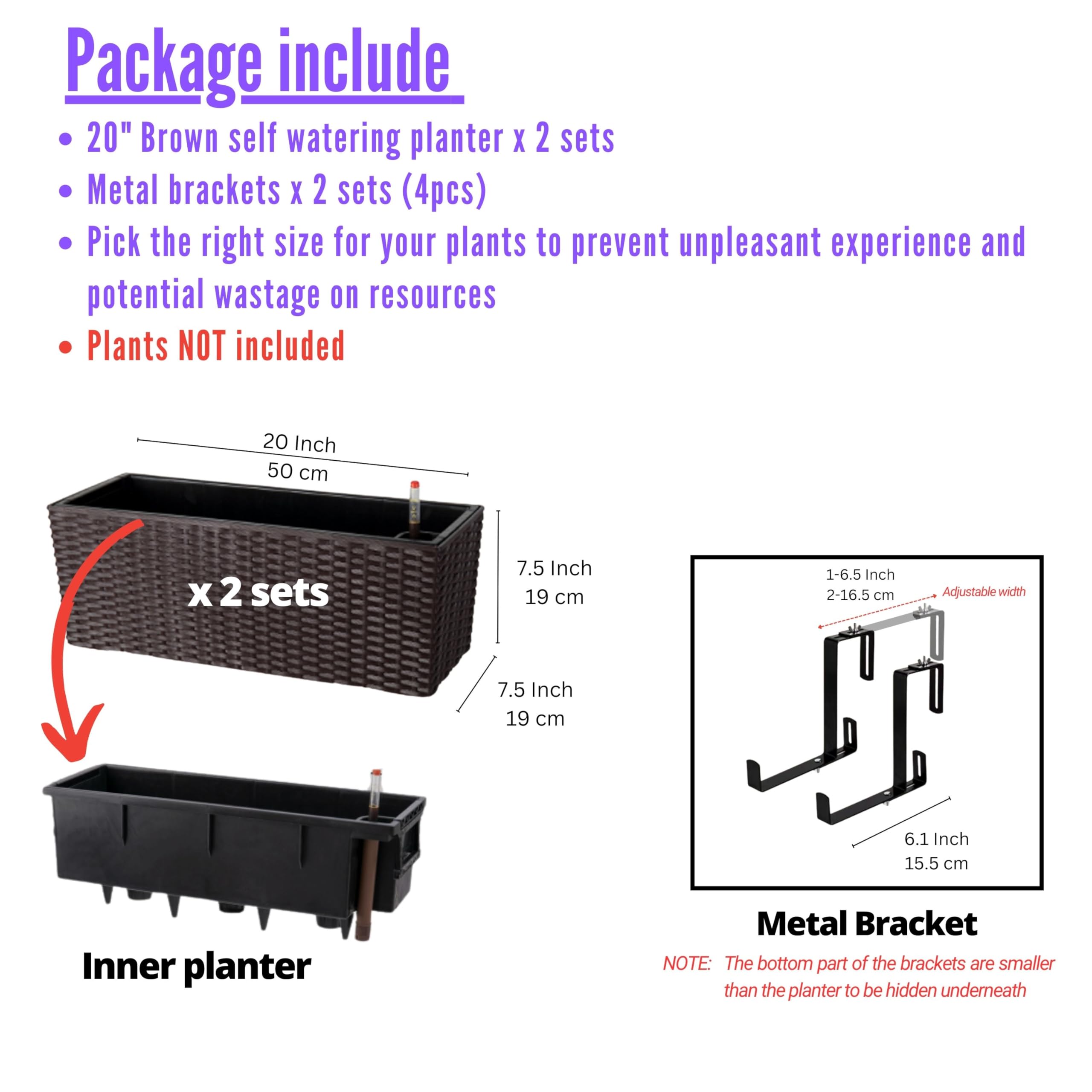 LaLaGreen Outdoor Rail Planter for Balcony (2 Pack, 20 Inch) Large Black Self Watering Railing Planters with Brackets, Rectangular Plastic Window Flower Box Fence Designer Choice with Rattan Pattern