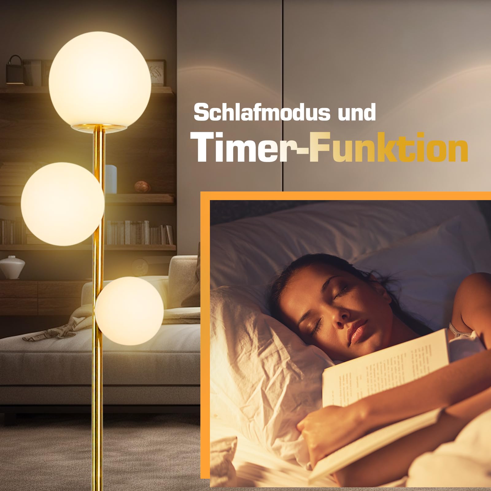 LED Stehlampe 168cm Gold – 3 Rundlichte, dimmbar, Fernbedienung | 168cm Stehlampe Gold | 3 Rundlichte | Dimmbar + Fernbedienung | Farbtemperatur einstellbar | Timer | Wohnzimmer, Büro, Flur