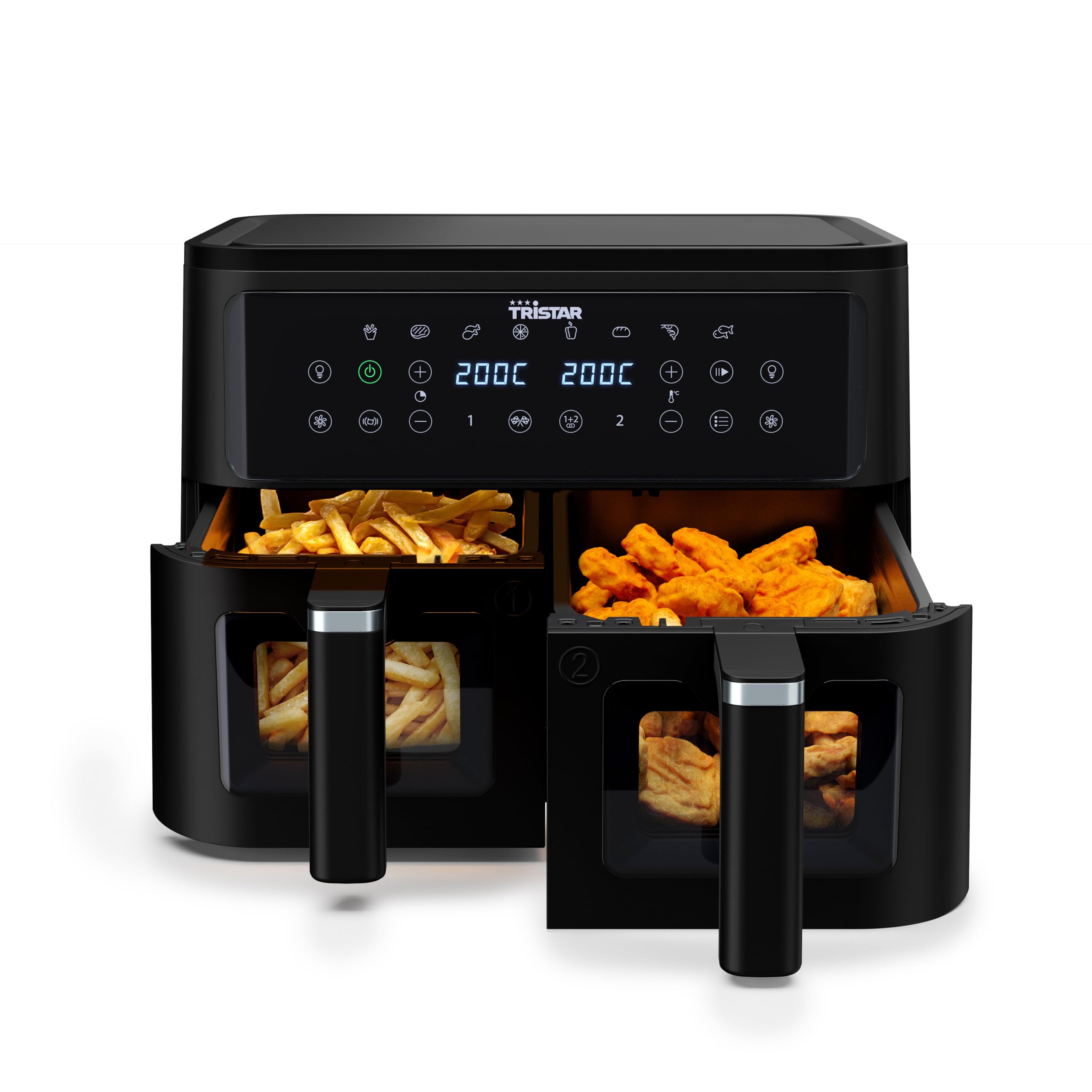 Tristar Friggitrice ad Aria Doppio Cestello, 9 L, 10 Programmi, Display Digitale, Finestre di Controllo, Senza PFAS, Cottura Sana Senza Olio, 2500 W, FR-9429