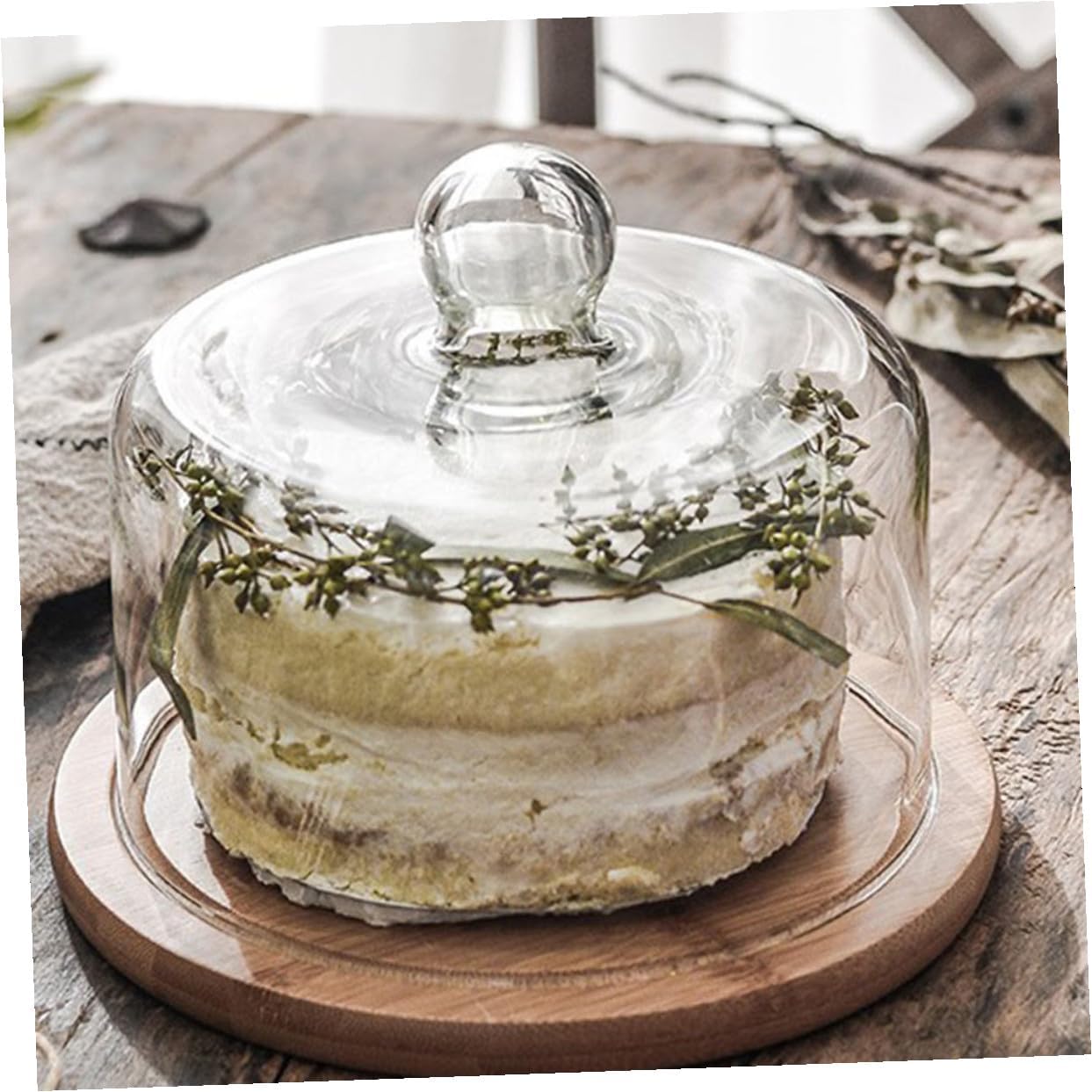 Cabilock Protective Cake Cover with Glass Dome and Large Wooden Tray, Food Display Dome for Desserts and Pastries, Dustproof Serving Cover for Home and Bakery Use