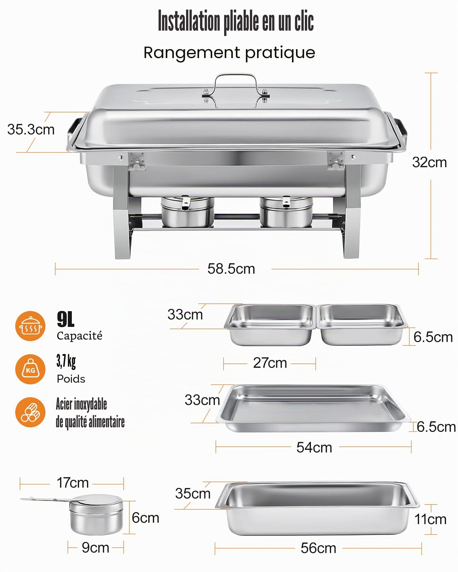 Chafing Dish Buffet 9L[Robuste et Durable], Lot de 2 récipients de Maintien au Chaud en Acier Inoxydable (Design à Bord roulé) Chauffe-Plats pour Traiteur, Buffet et fête - Silver Square