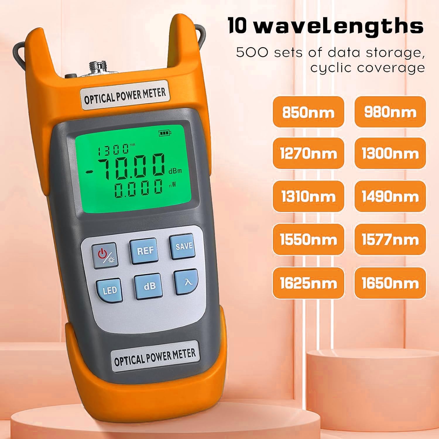 Duogalia Fiber Optical Power Meter with SC FC Connector, -70~10dBm, 10 Optic Wave Length, Optic Test Equipment for CCTV Communication Engineering (Orange)