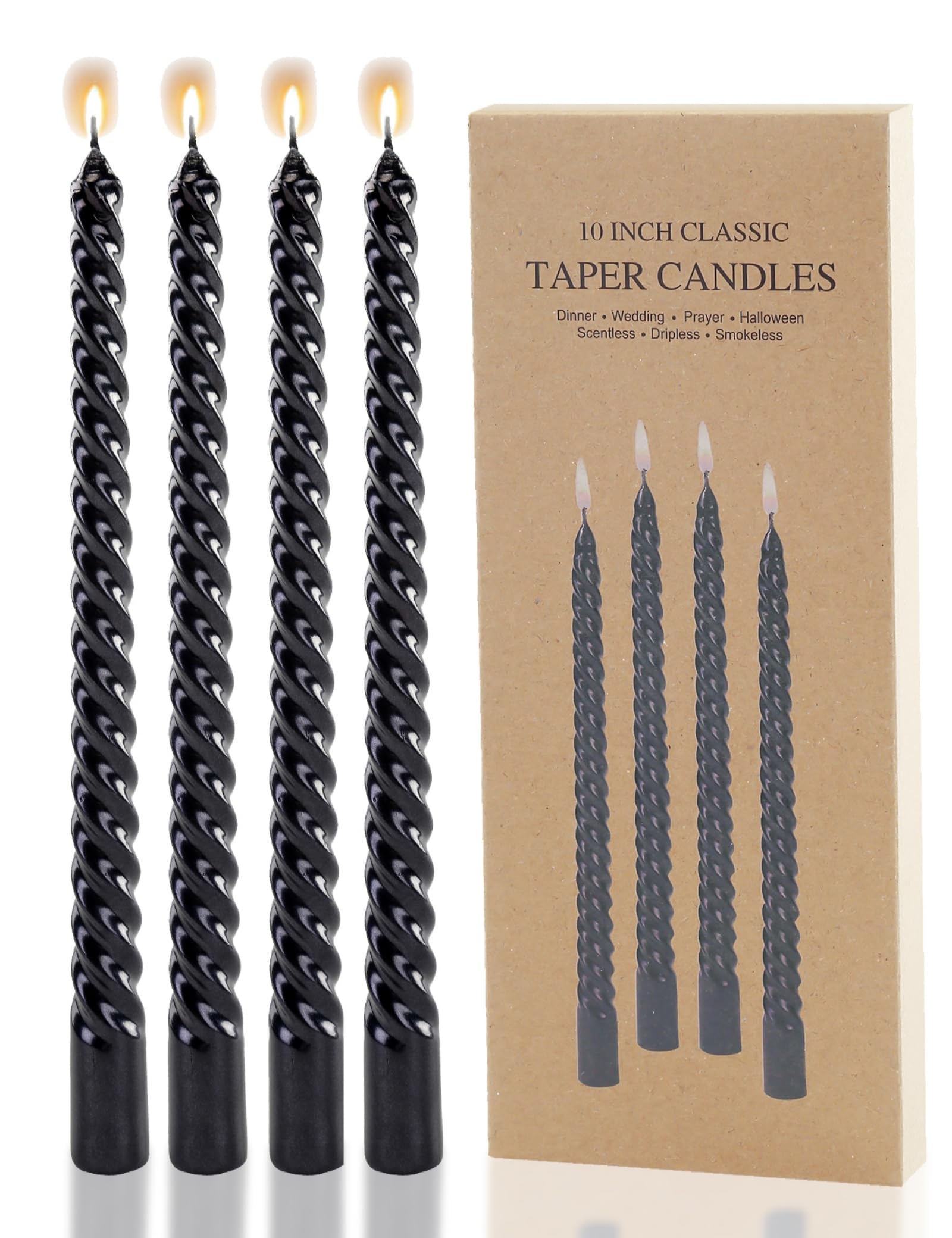 10 inches Dripless Taper Candles Set of 4 Black Candles Sticks Metal Style Black Taper Candles Spiral Candlesticks Non-Toxic