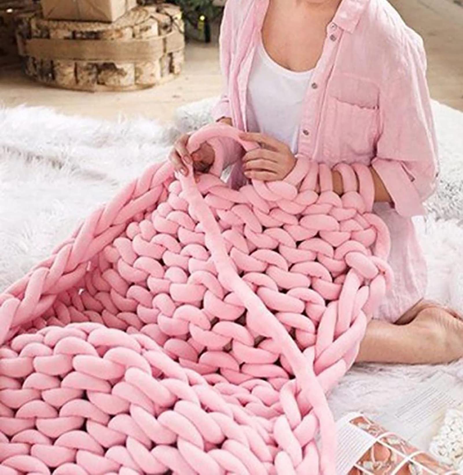 XWCG Chunky Knit Chunky Knit Blanket Handmade Soft Throw Blanket Cozy And Warm Chunky Knit Blanket Wool Blend Handmade Soft Throw Sofa Chair Home Decor,Pink,100 * 120cm