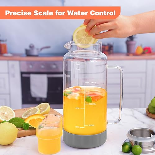 Miniatura 10 de Jarra de vidrio con tapa, jarra de agua de 68 onzas con base de silicona y línea de escala precisa, jarra de té helado para refrigerador,