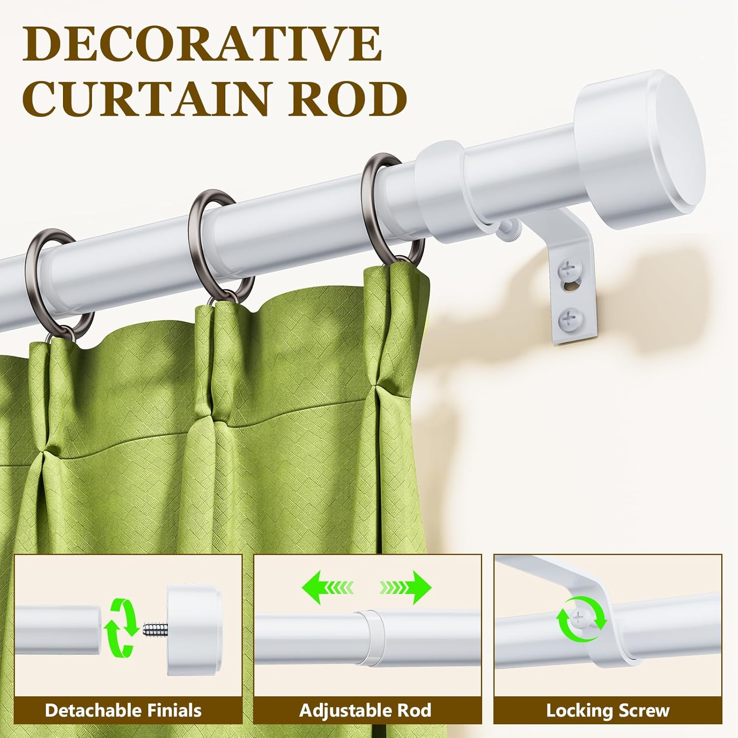 Curtain Rods for Windows 32-96 Inch, 1 Inch Adjustable White Metal Curtain Rod Set with Brackets, Easy Install