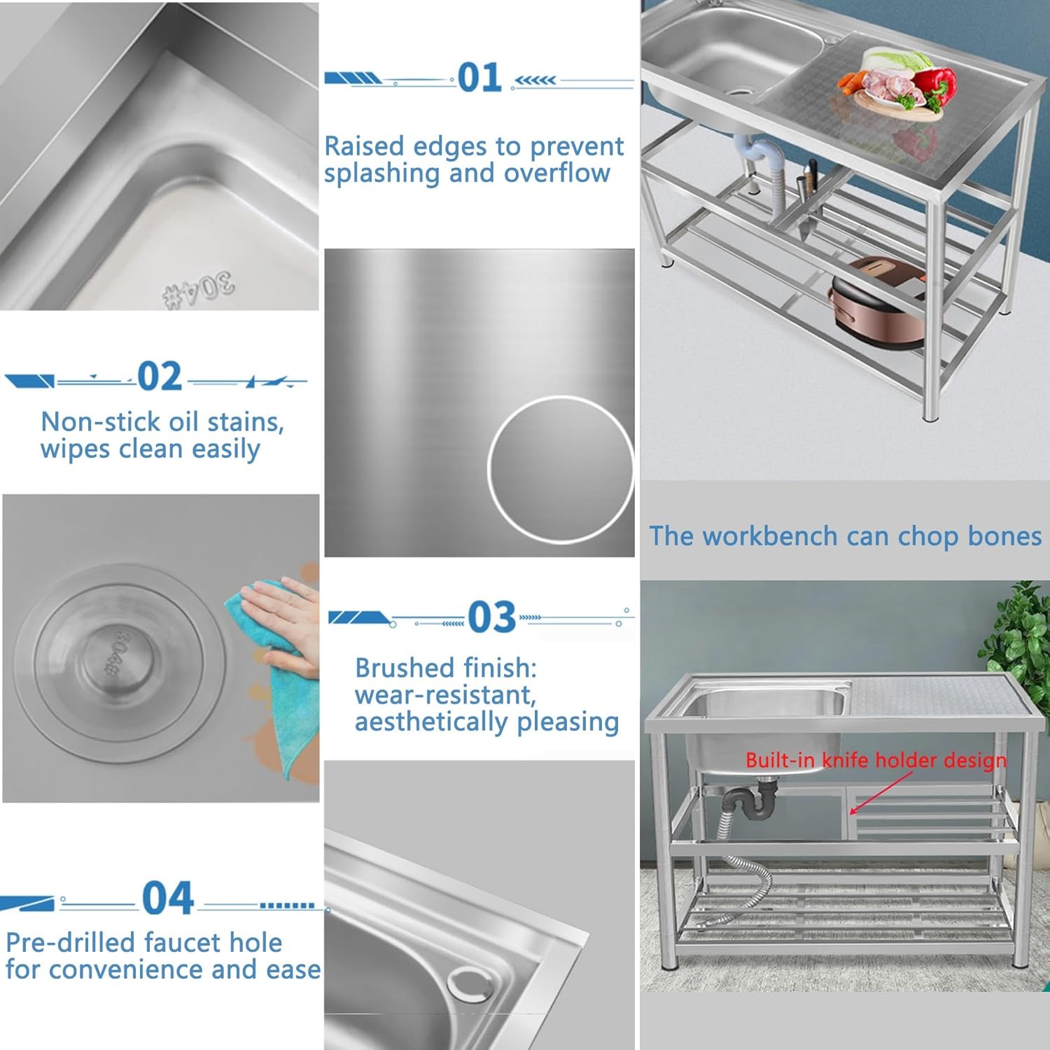 Outdoor Kitchen Sink with Hose Hook up,Free Standing Outside Sink,Stainless Steel Utility Laundry Tub,Portable Camping Sink,Hand Washing Station for Outside Garden Commercial Garage Camping(110*45*80c