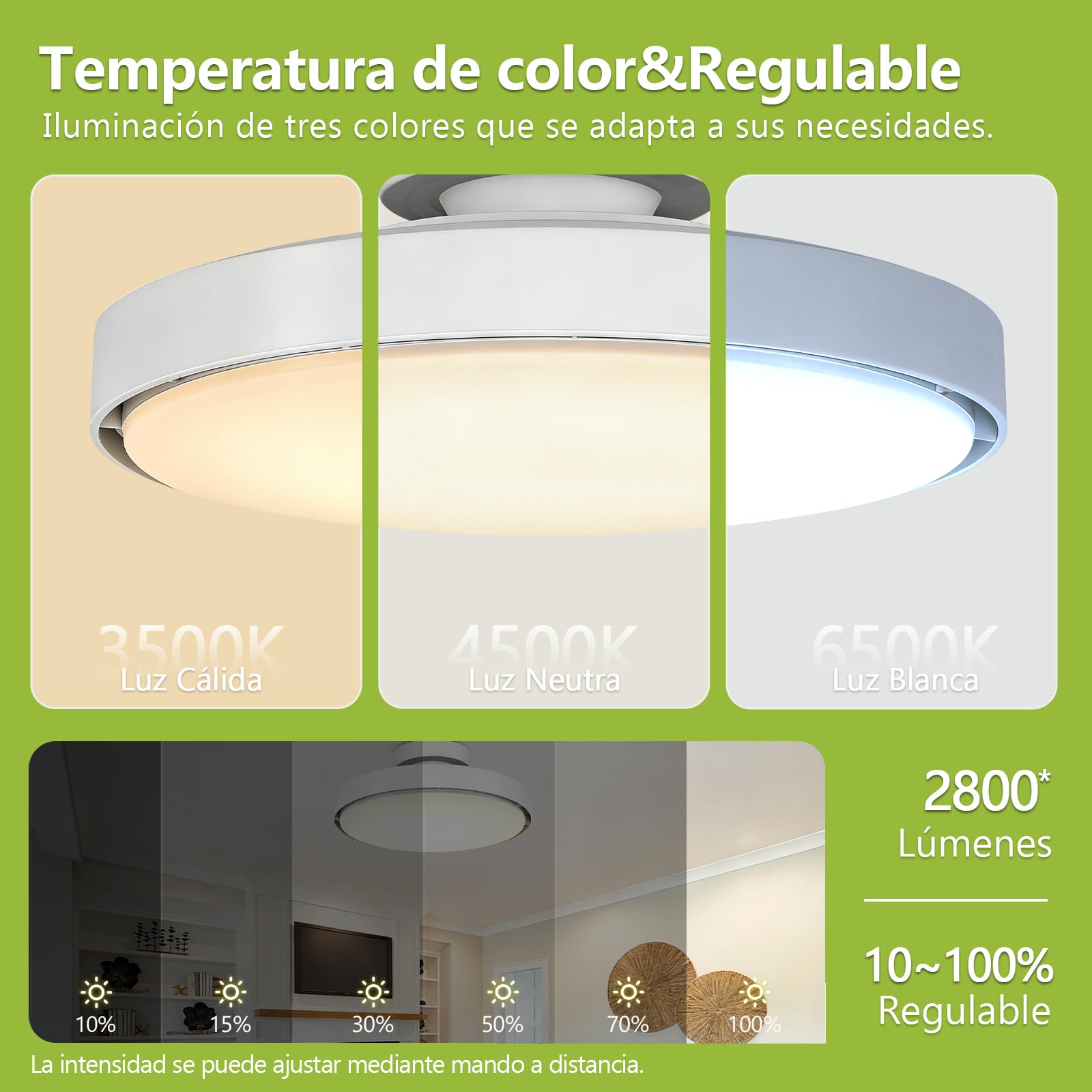 Silencioso Sin Aspas Ventilador de Techo 56W Motor DC 24W 3000K-6500K Regulable Temporizador Lámpara Ventilador de Techo y Mando a Distancia 6 Velocidades Temporizador Memoria