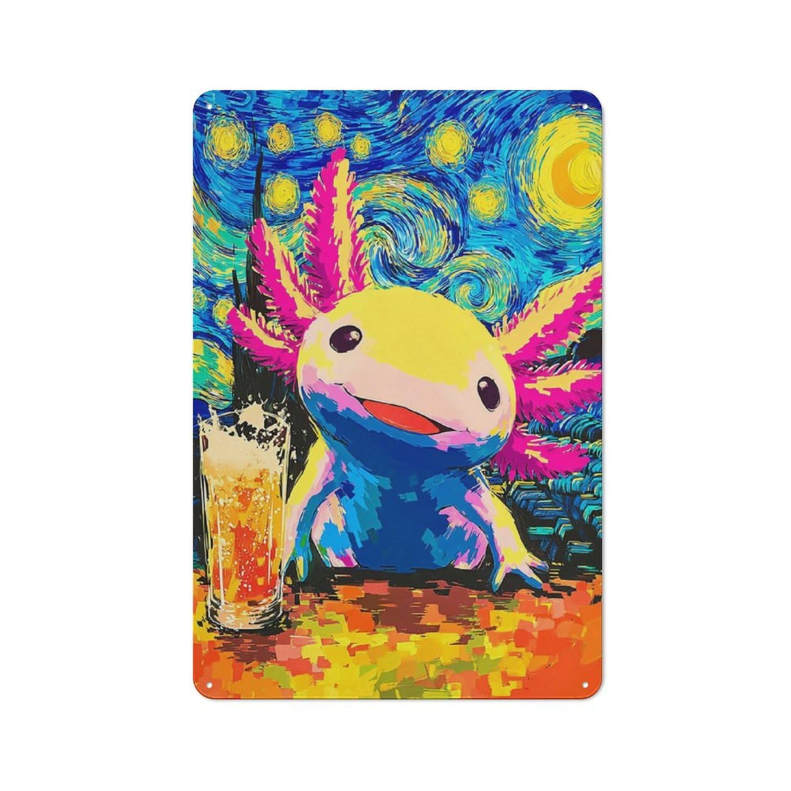 Junmoney Artistic Axolotl With Starry Sky Background Metal Wall Sign 30X20cm Featuring For Café Or Restaurant, A Decorative Metal Sign For Cafés And Restaurants