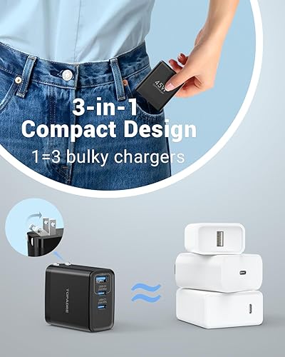 Miniatura 18 de Bloque de cargador USB C de 65 W, cargador de pared GaN de 3 puertos, plegable, compacto, tipo C, carga rápida para MacBook Pro/Air, para iPhone